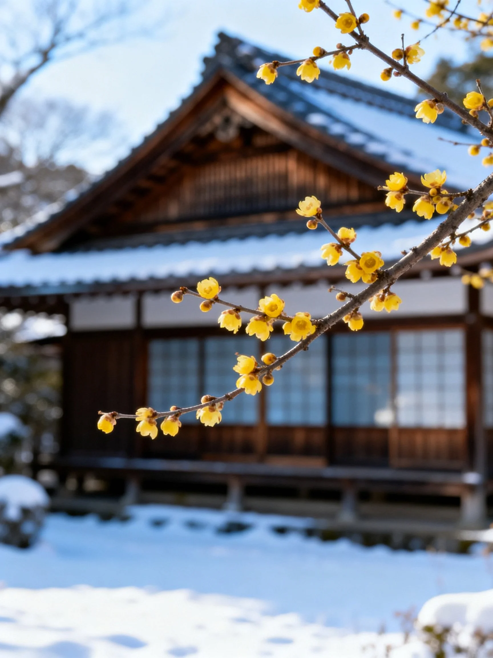 A traditional wooden house with snow-covered roof and bright yellow winter blossoms