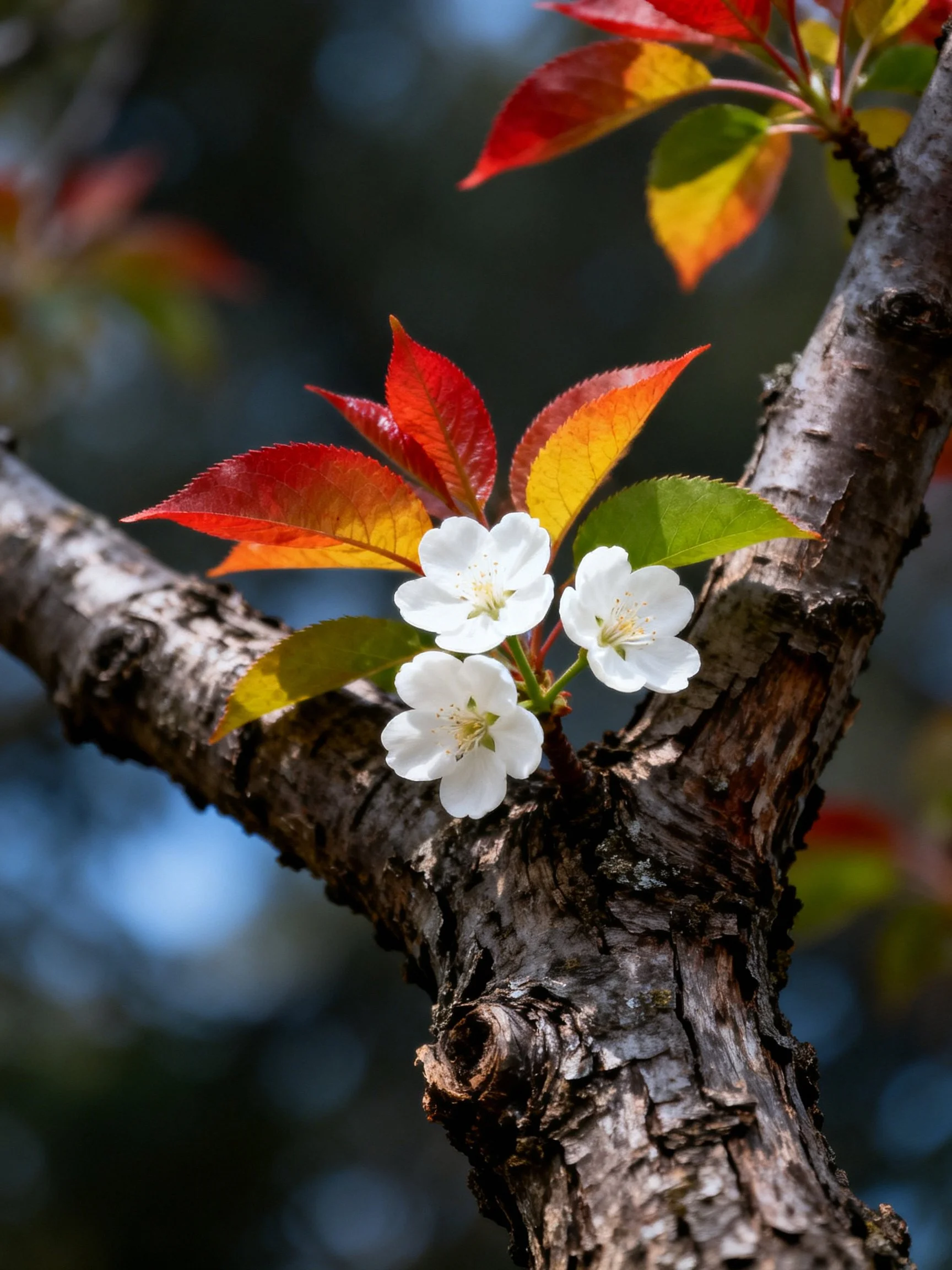 A tree branch with white blossoms and vibrant multicolored leaves