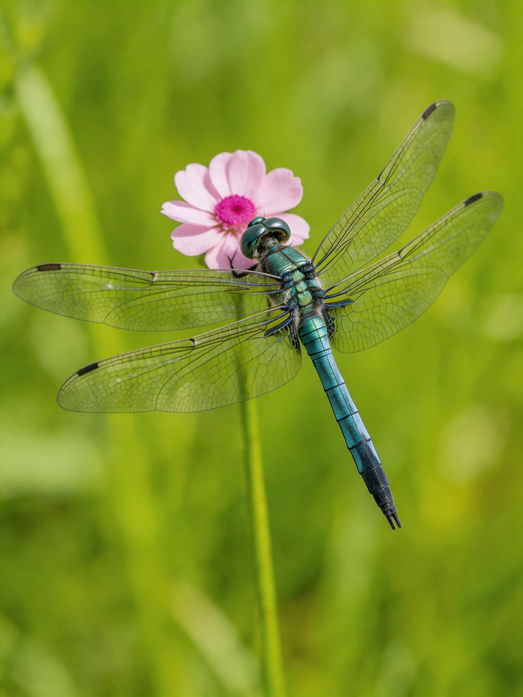 A turquoise dragonfly perched on a pink flower