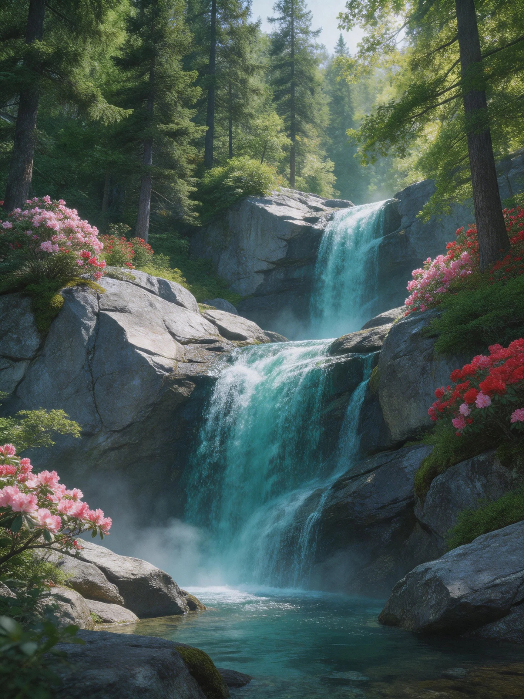 A turquoise waterfall flows over gray rocks near lush green trees and colorful flowers