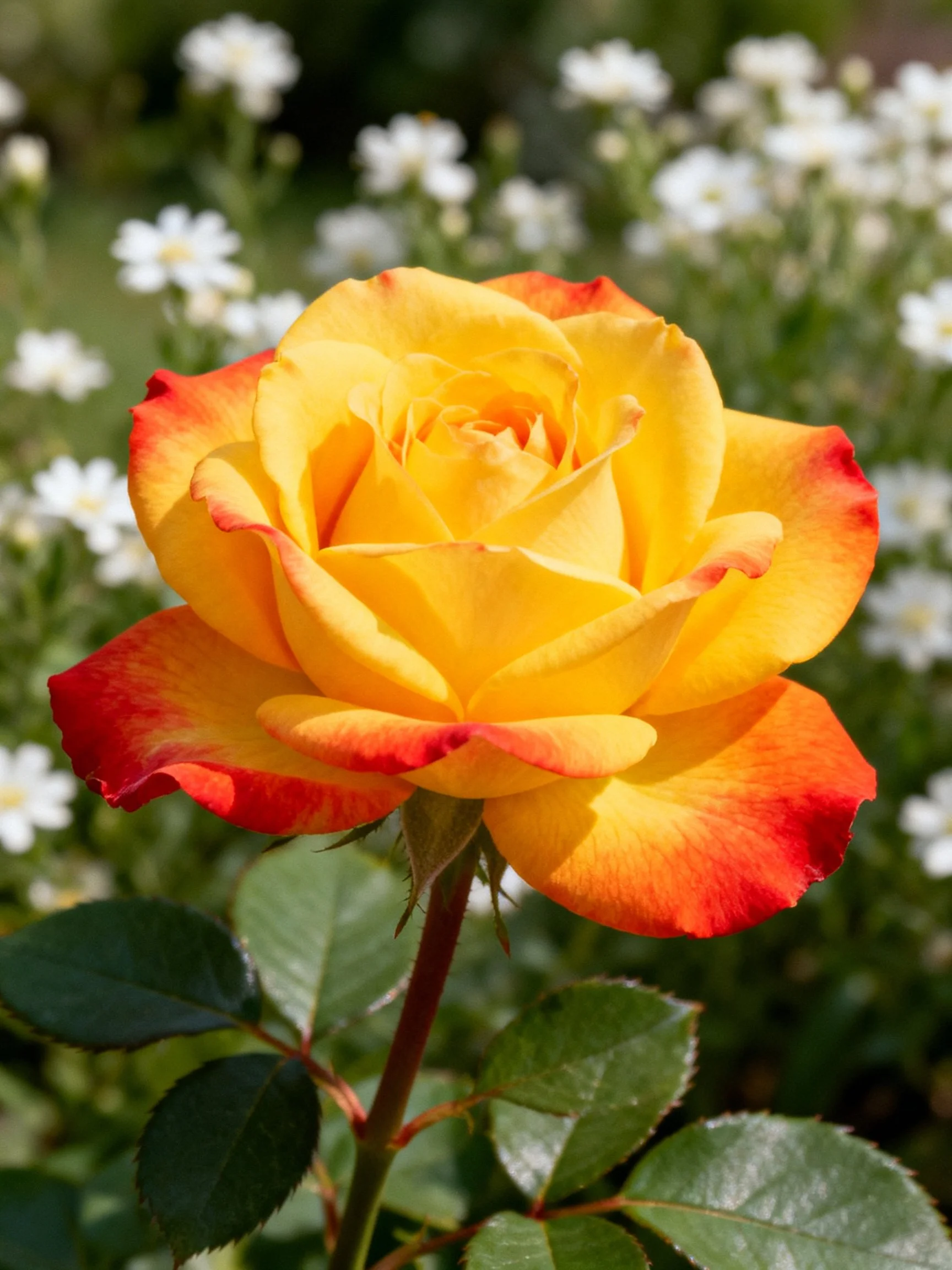 A two-tone rose with red-yellow petals near small white blooms