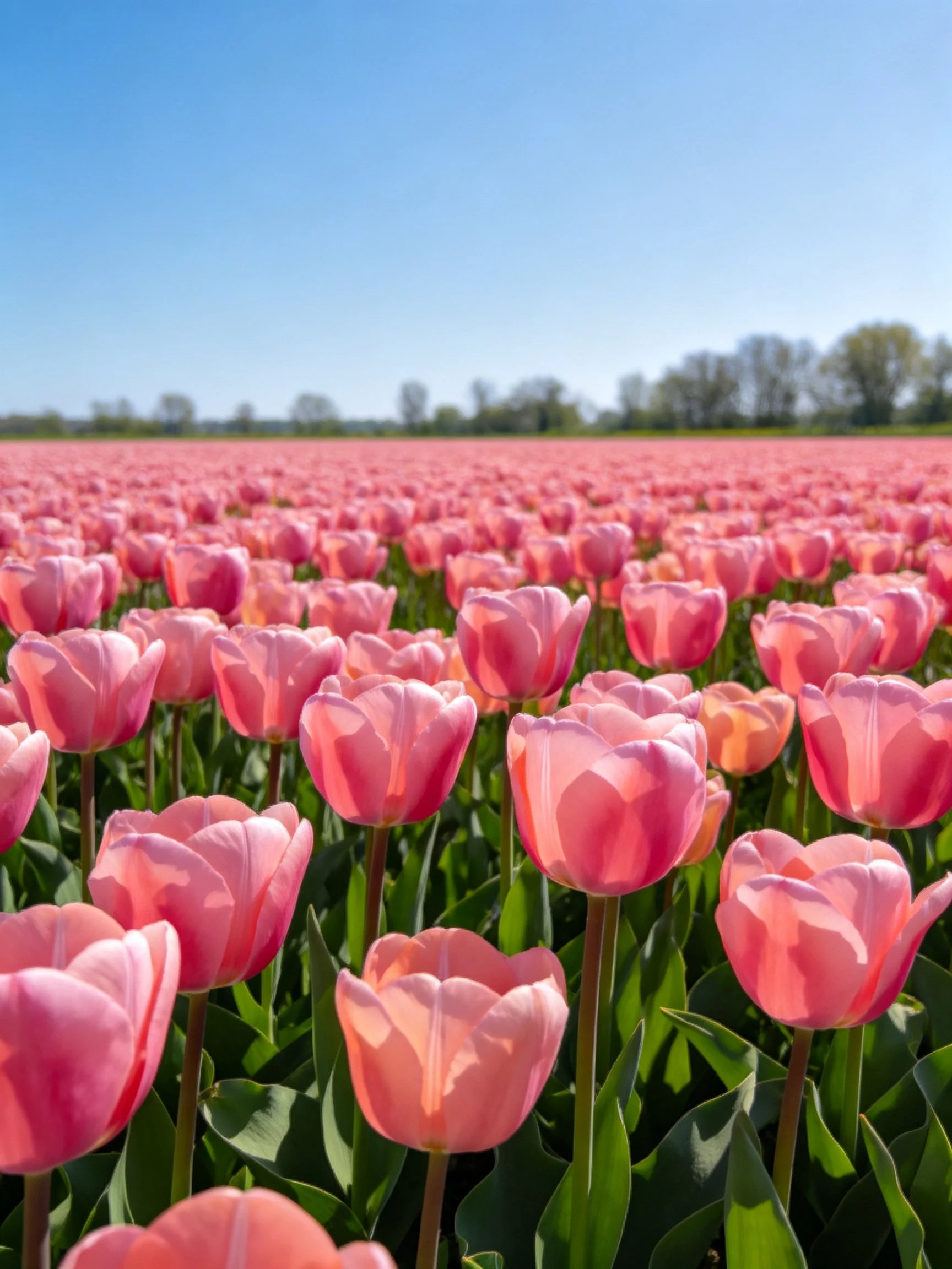A vast field of pink tulips beneath a clear blue sky