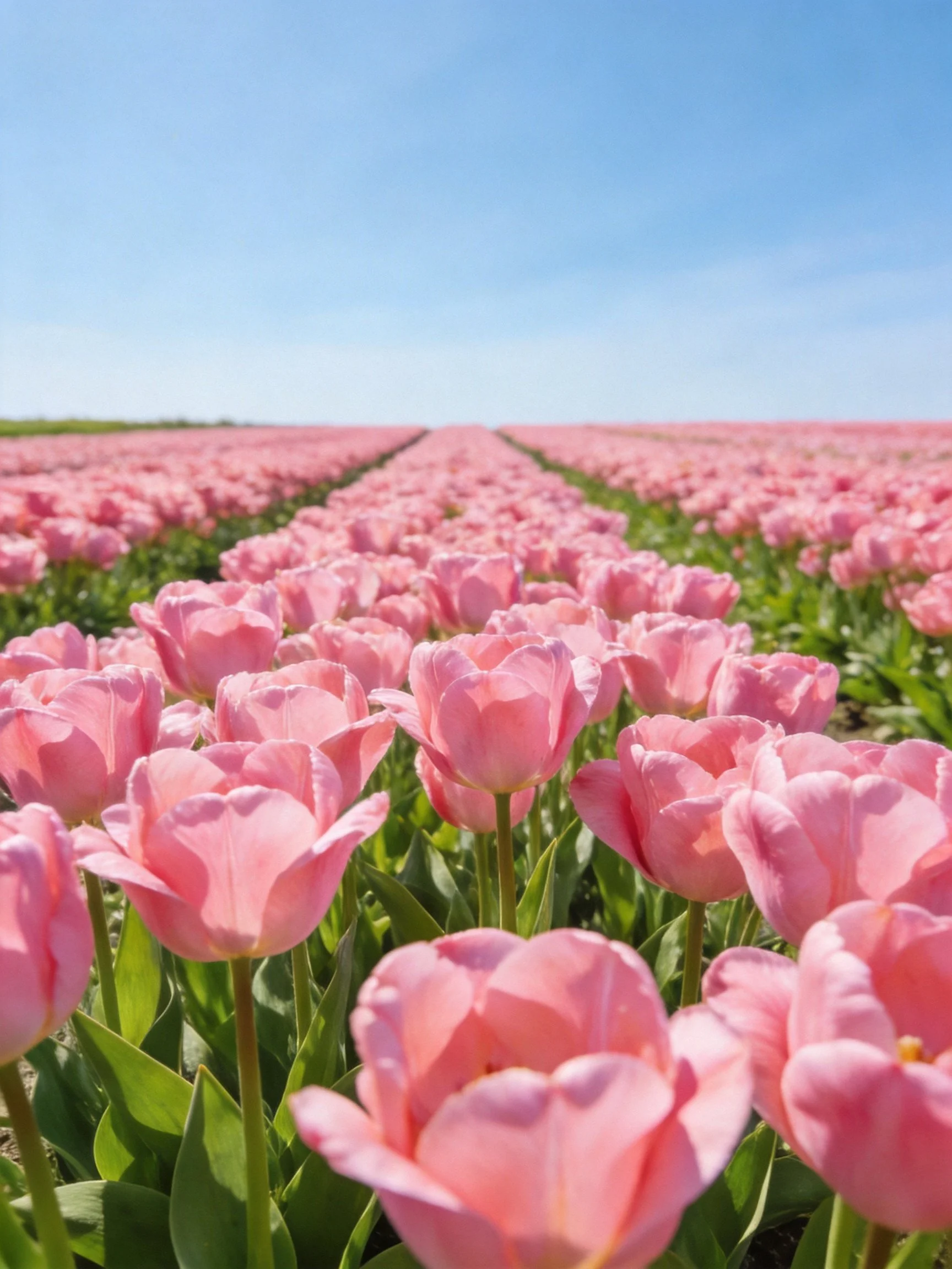 A vast field of pink tulips stretches toward a clear blue sky