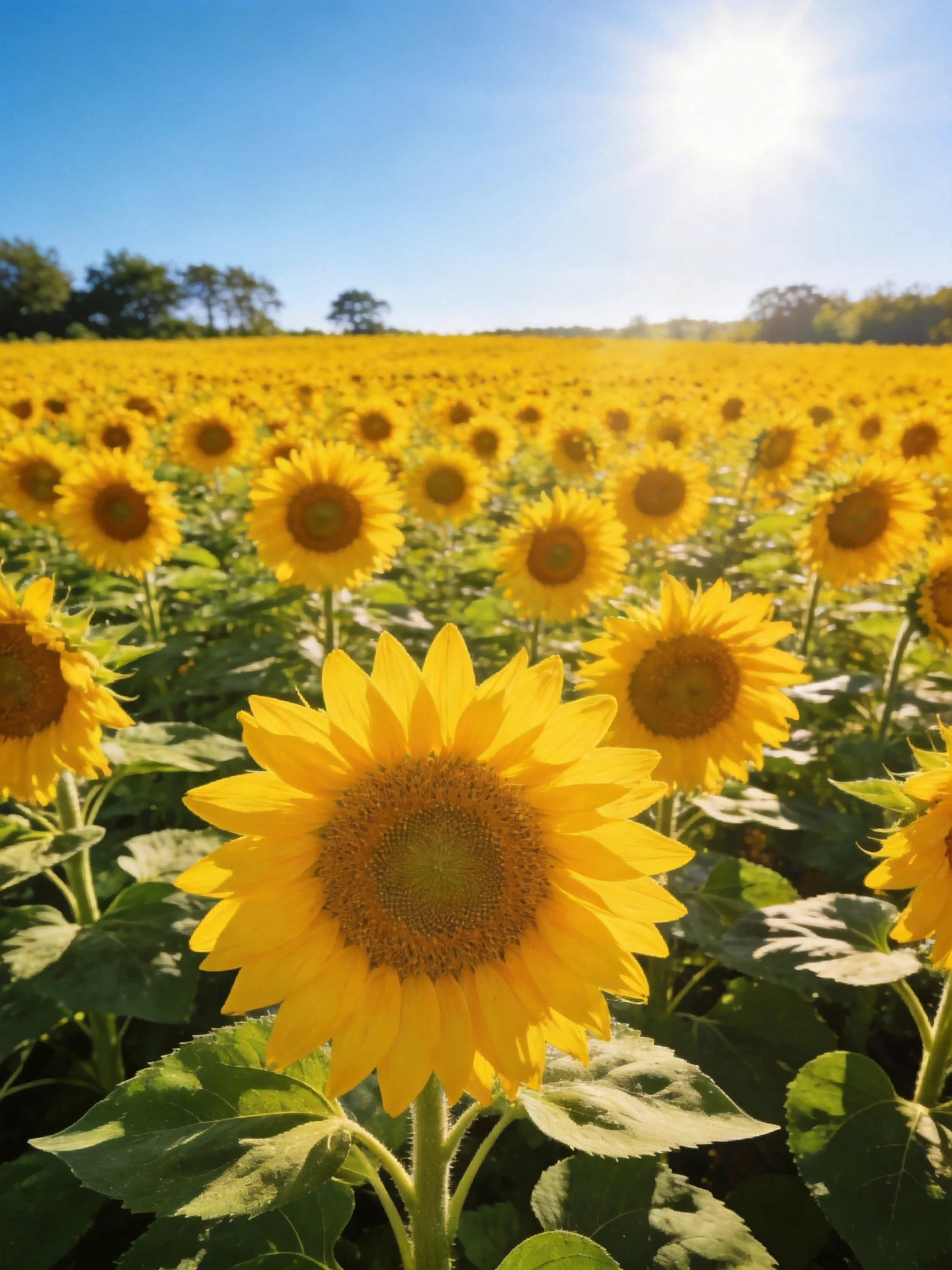 A vast field of vibrant yellow sunflowers under clear blue sky