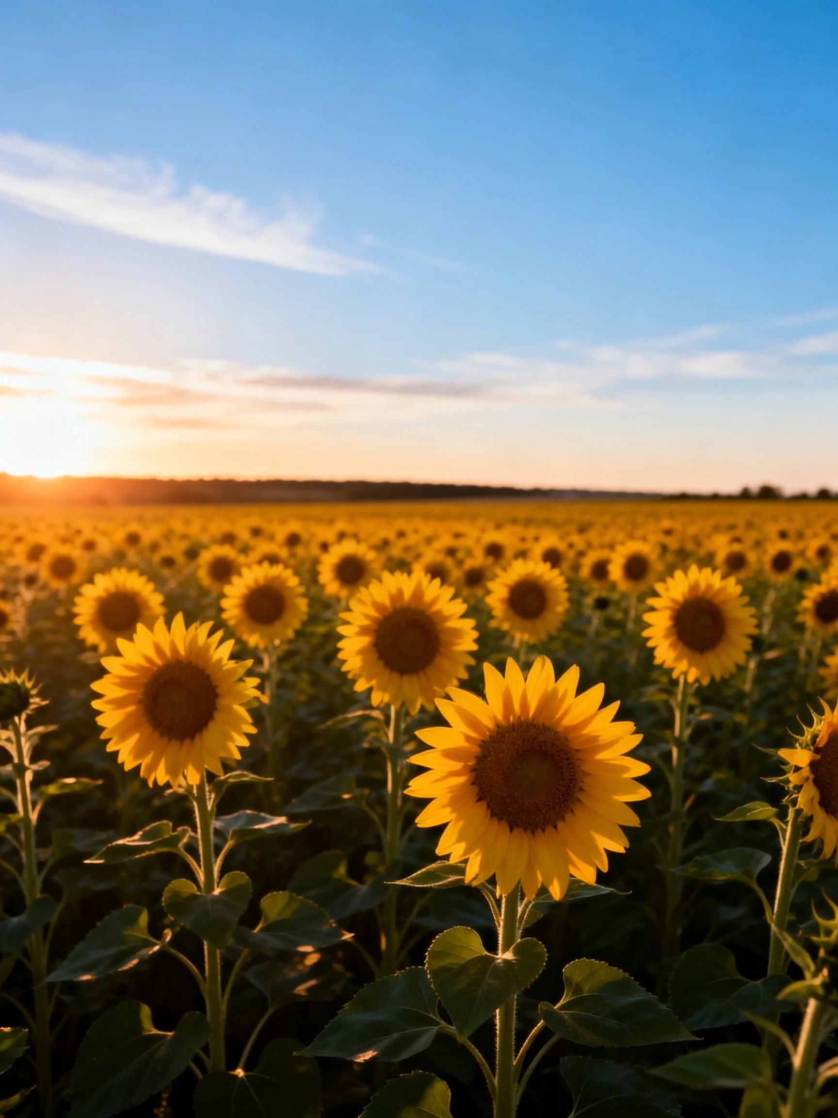 A vast sunflower field glowing under golden sunset light