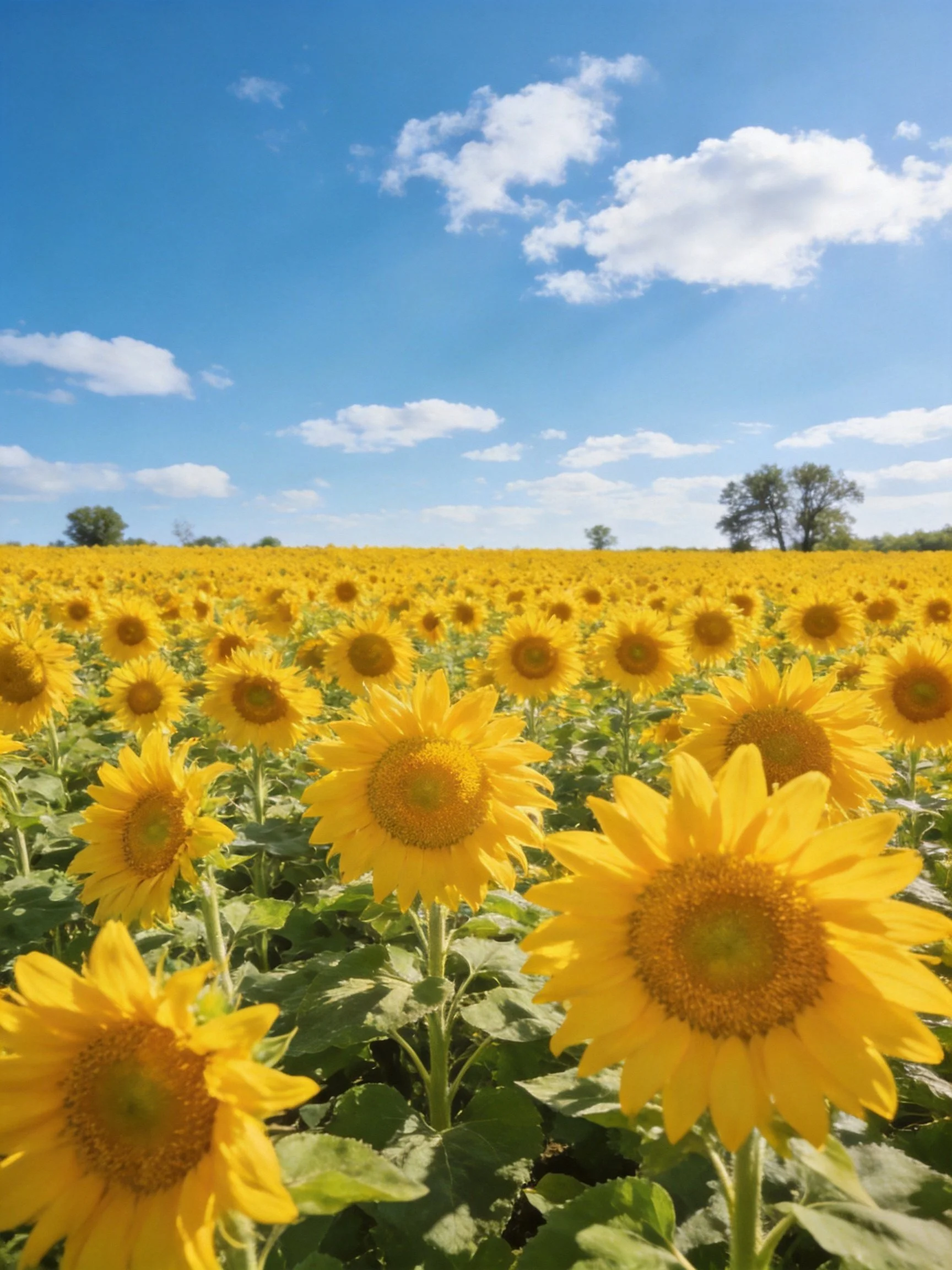 A vast sunflower field with bright yellow blooms and clear blue sky