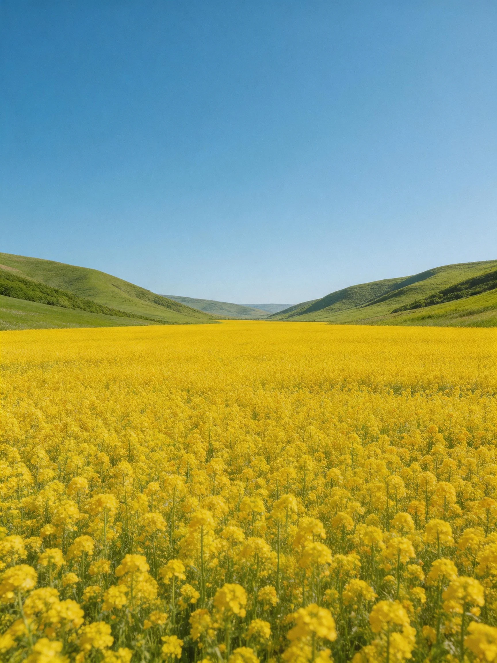 A vast yellow flower field between green hills under clear blue sky