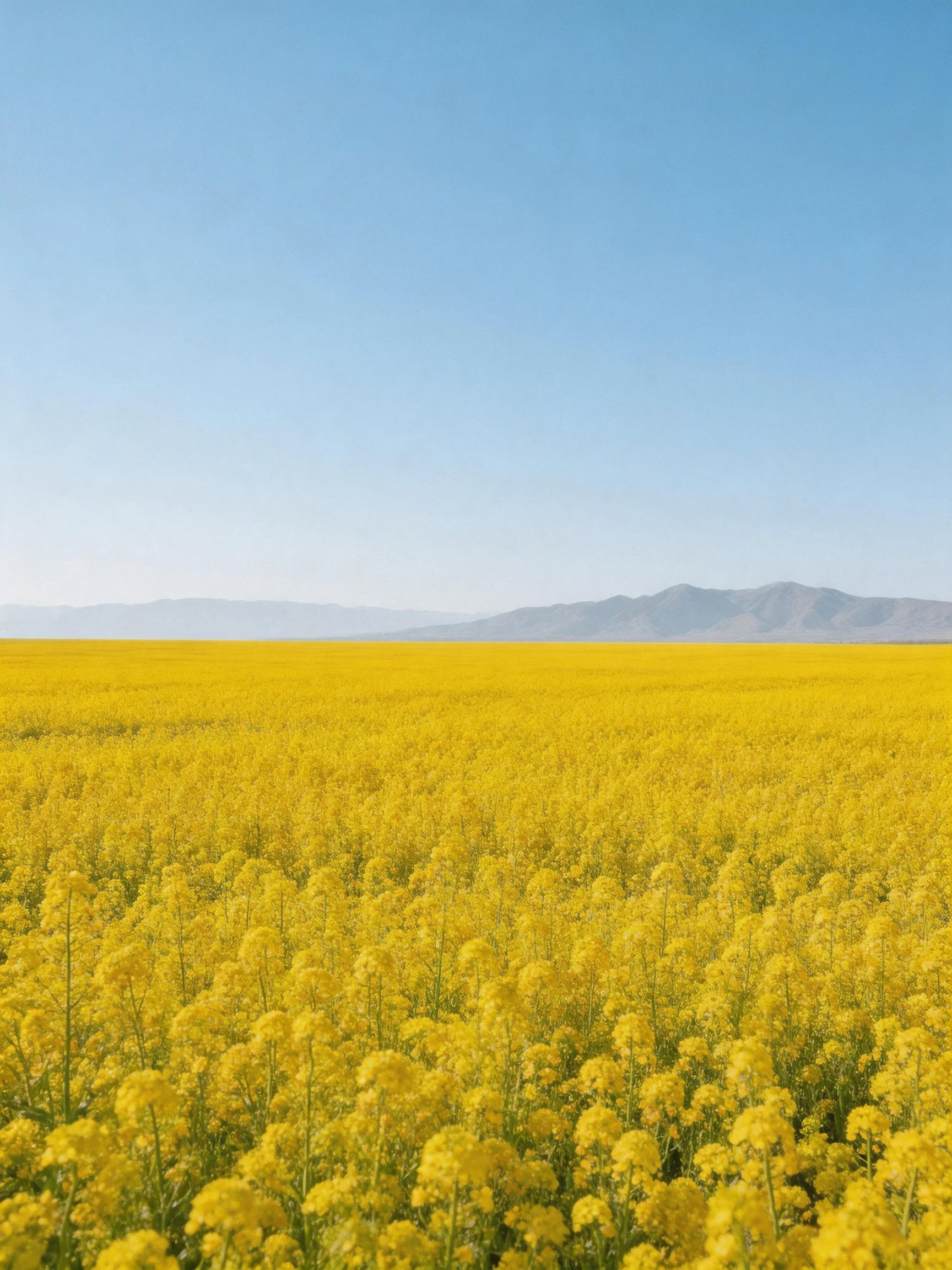 A vast yellow flower field stretches toward distant mountains under clear blue sky