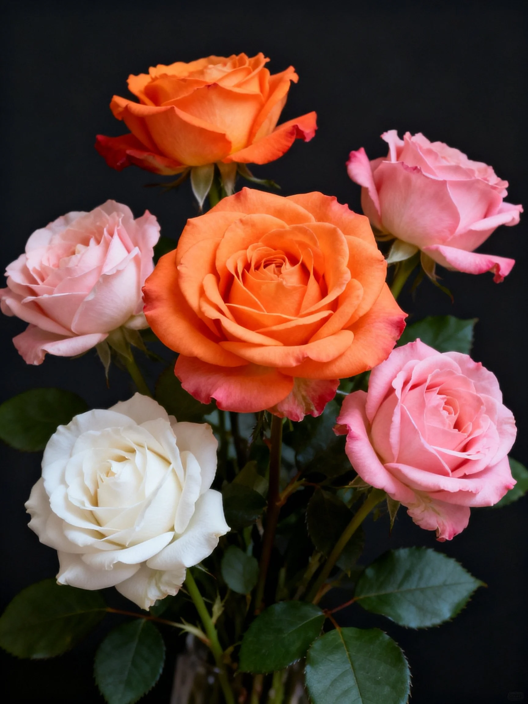 A vibrant arrangement of orange, pink, and white roses against a dark backdrop