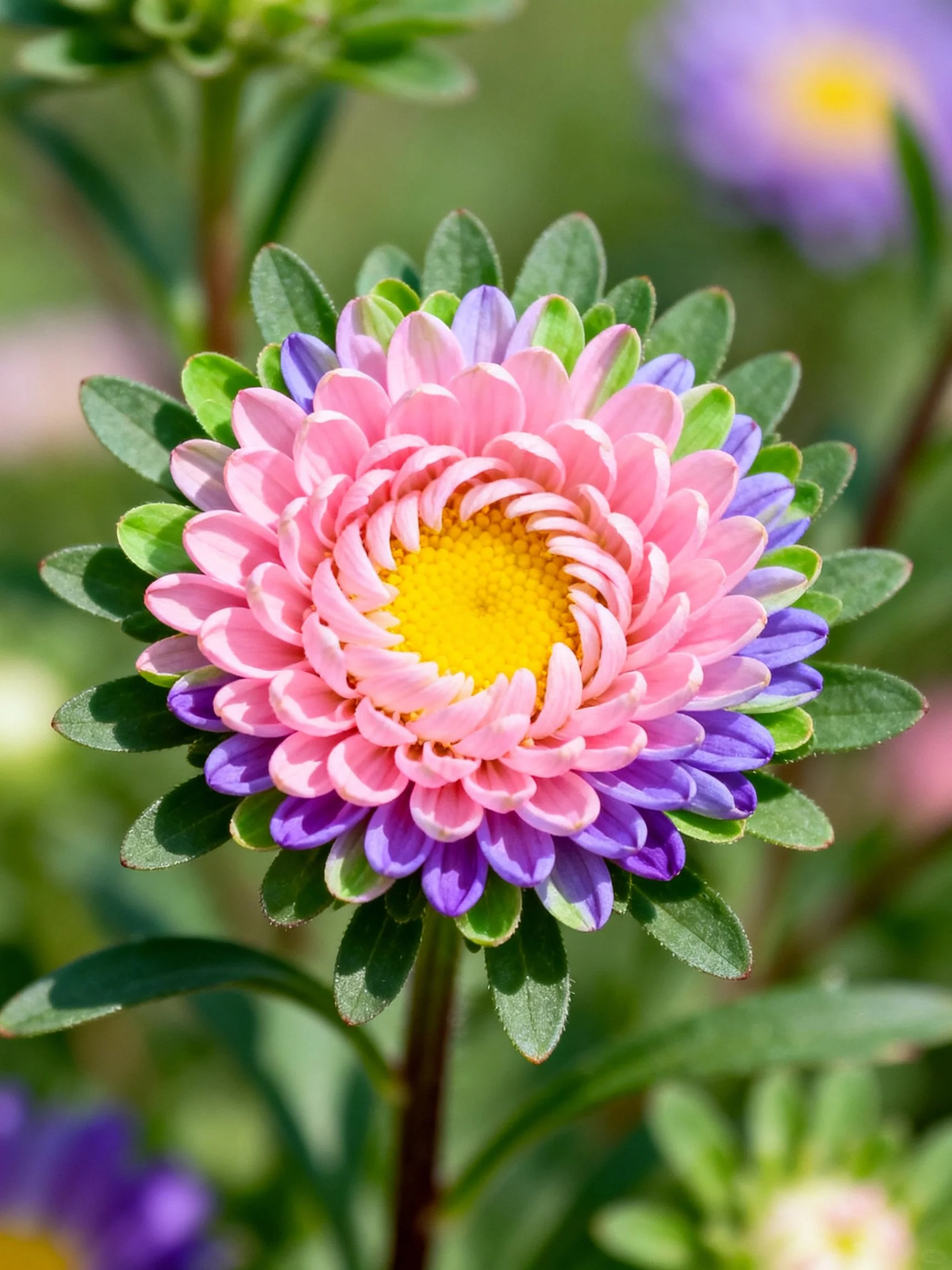 A vibrant aster flower with pink, purple, and yellow petals