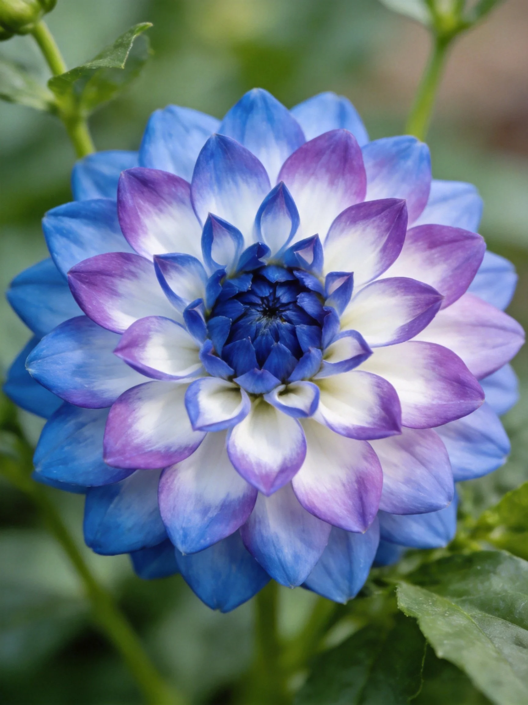 A vibrant blue and purple dahlia with layered petals