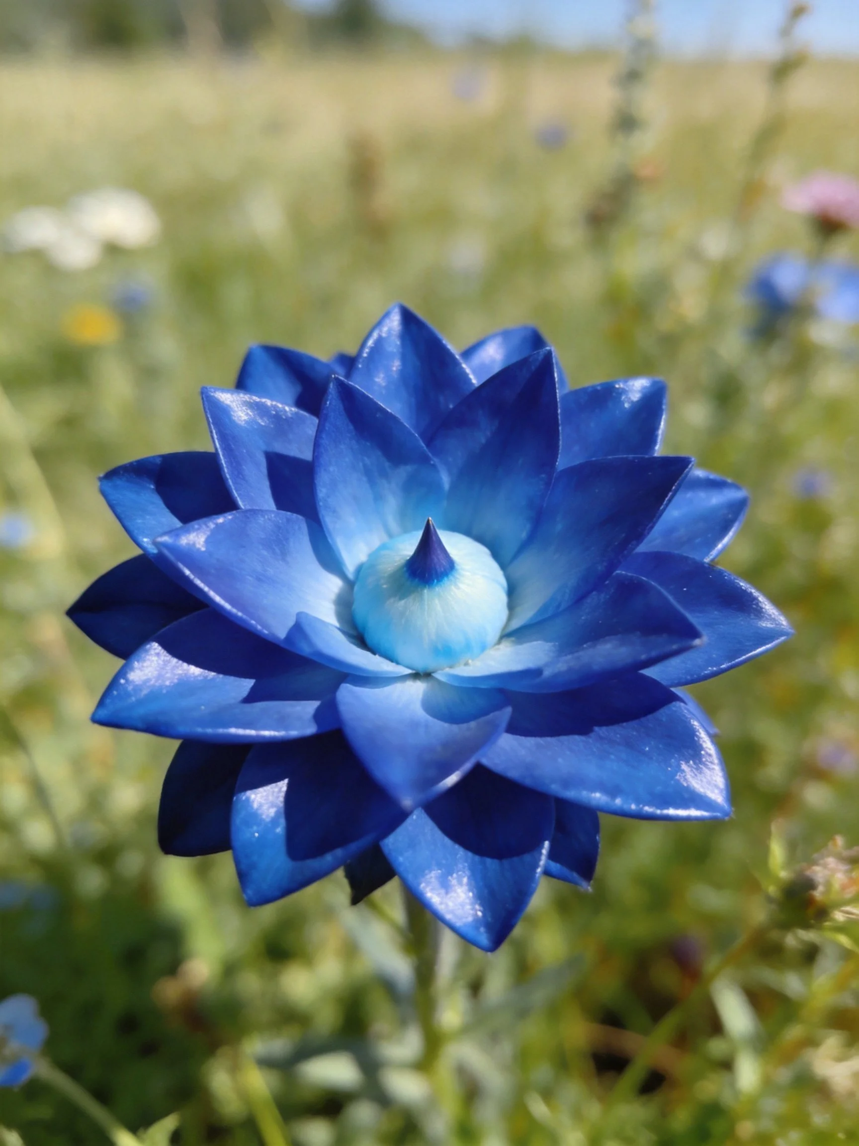 A vibrant blue artificial flower with numerous layered petals