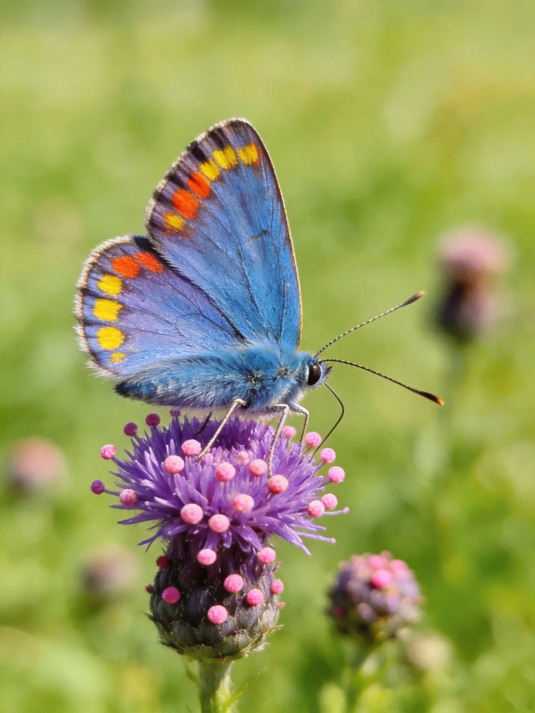 A vibrant blue butterfly perched on a purple flower