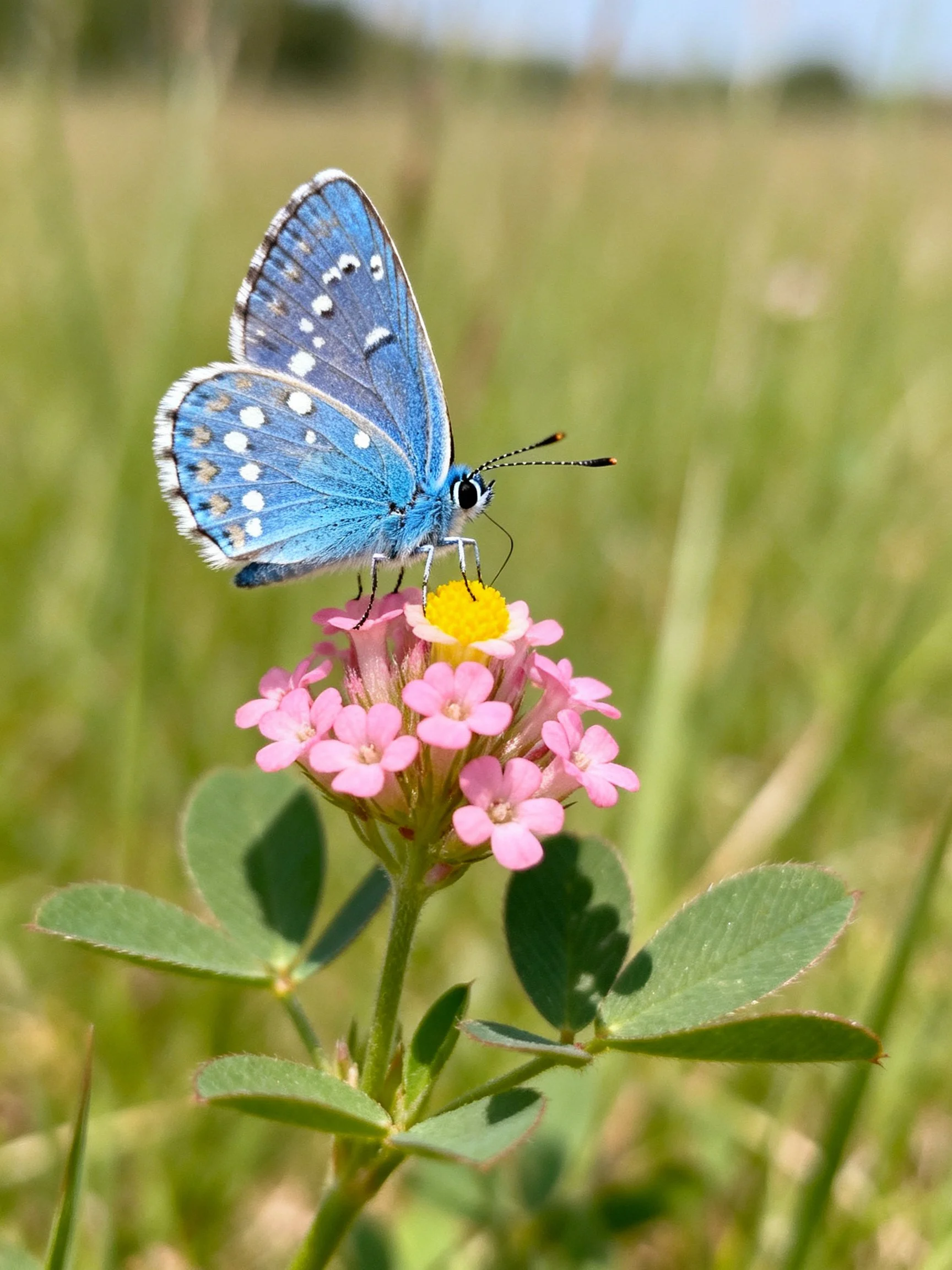A vibrant blue butterfly perched on pink clustered blooms