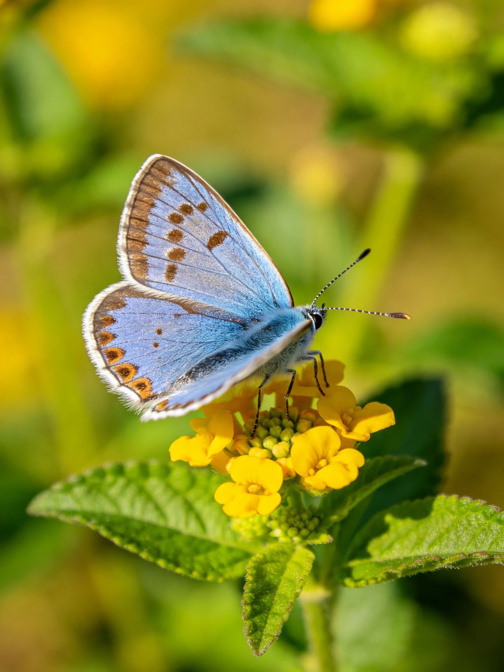 A vibrant blue butterfly perches on bright yellow clustered flowers