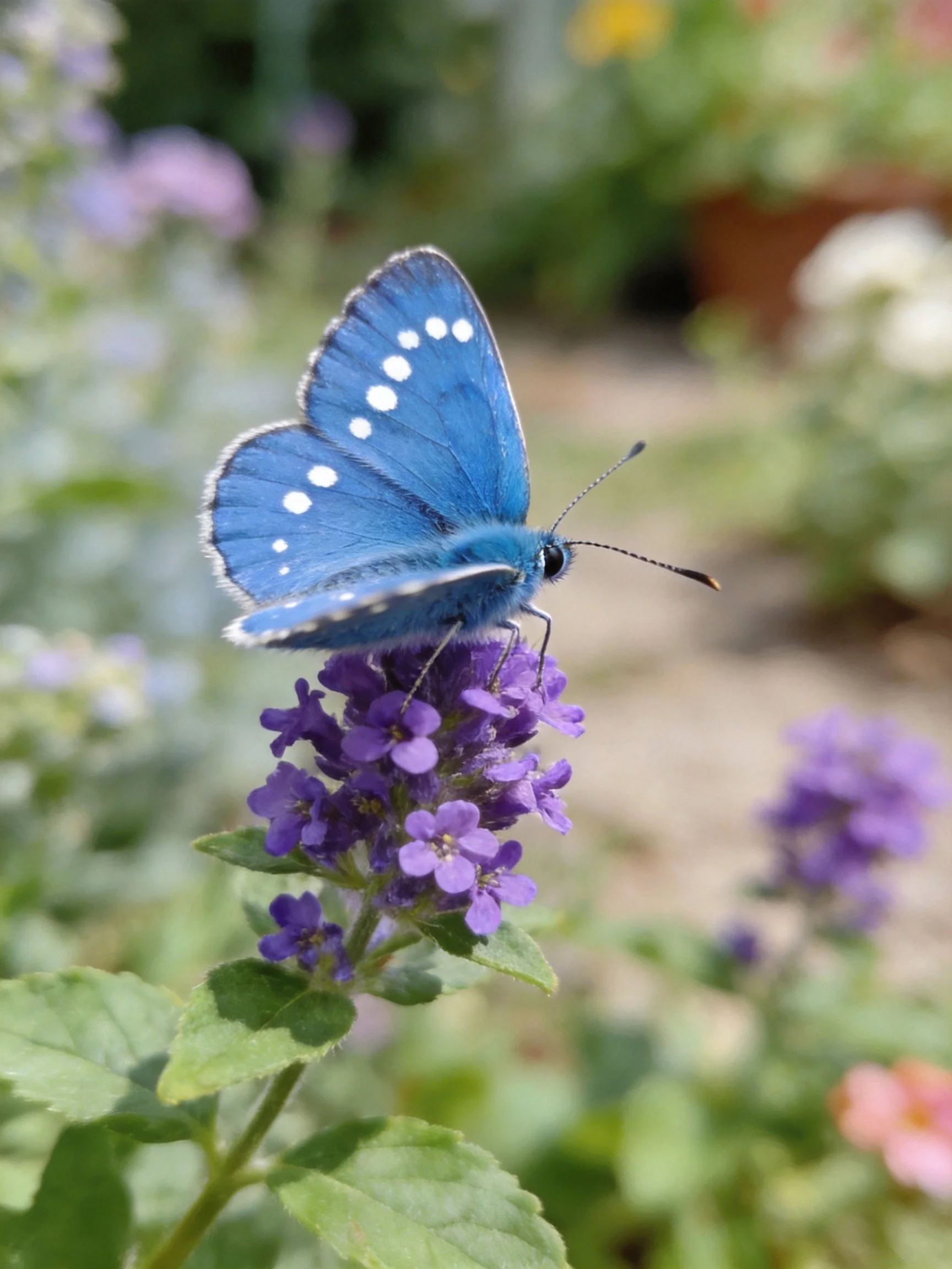 A vibrant blue butterfly perches on purple flowers amid lush greenery