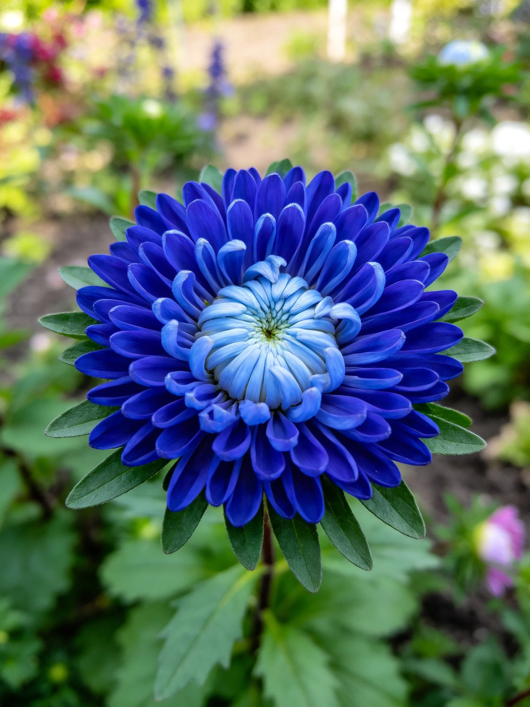 A vibrant blue chrysanthemum with layered petals and green foliage
