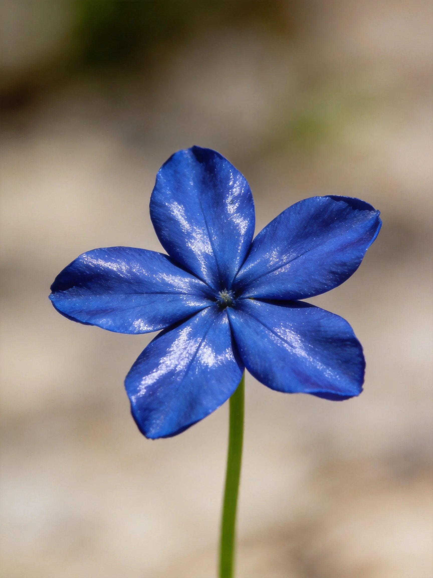 A vibrant blue five-petaled flower with a slender green stem