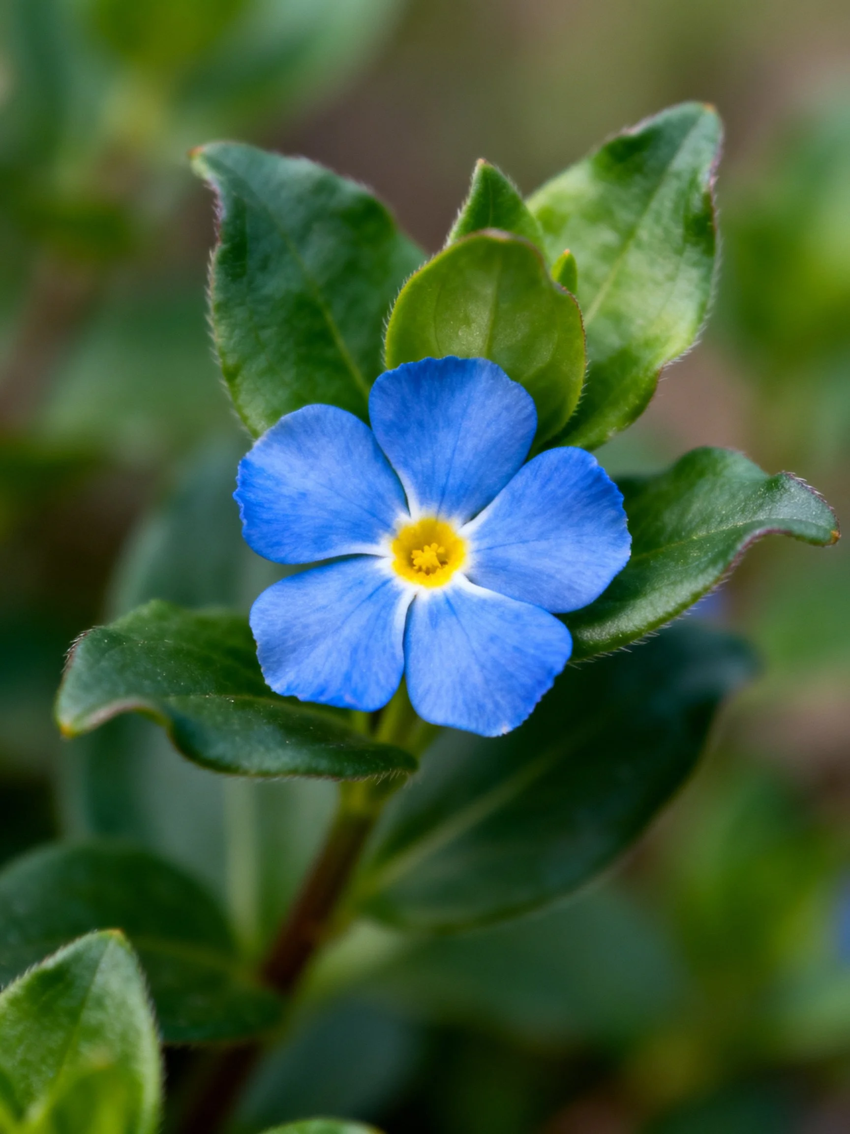 A vibrant blue five - petaled flower with a yellow center amid lush green foliage