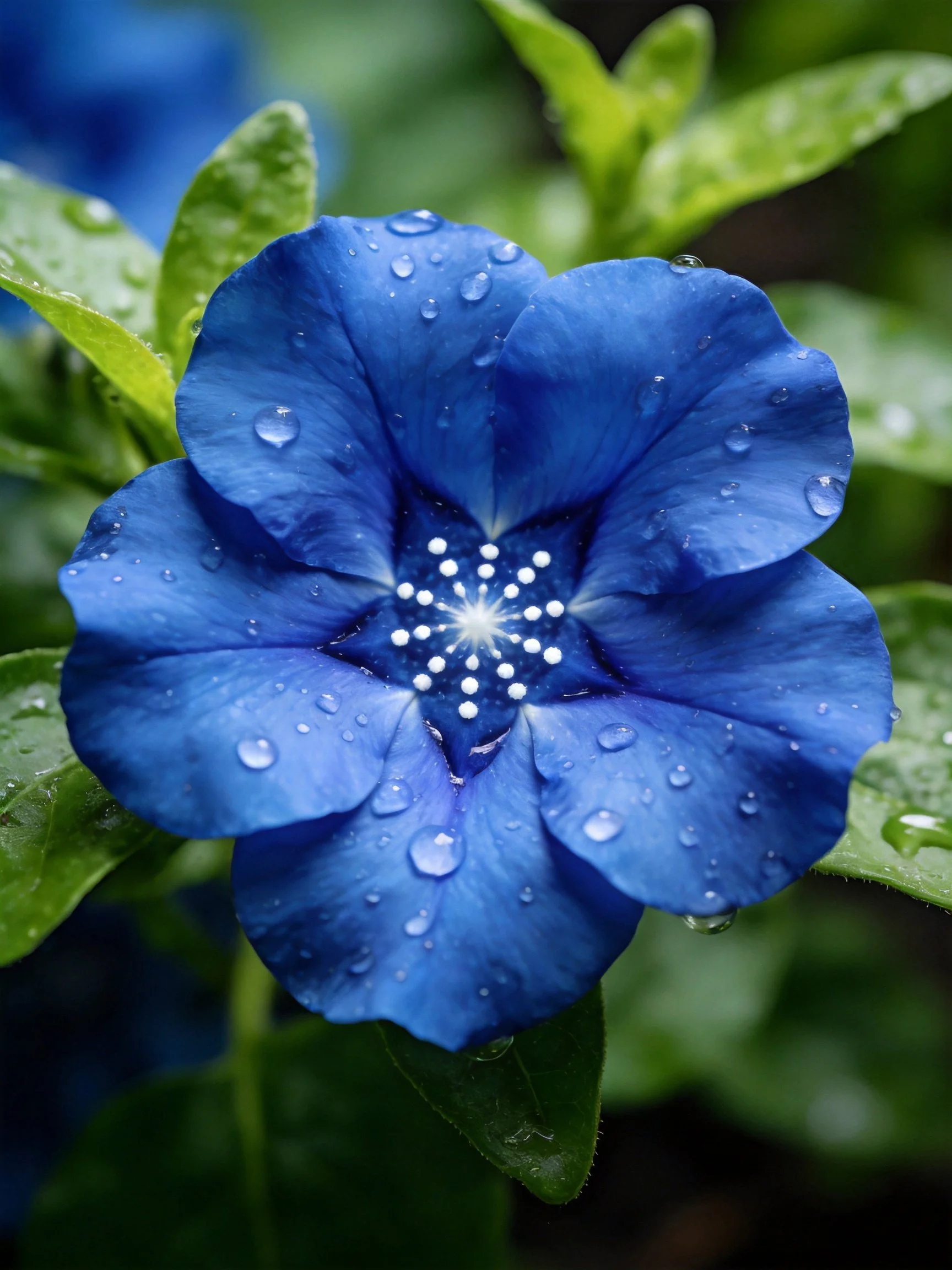 A vibrant blue flower covered in water droplets amid lush green leaves