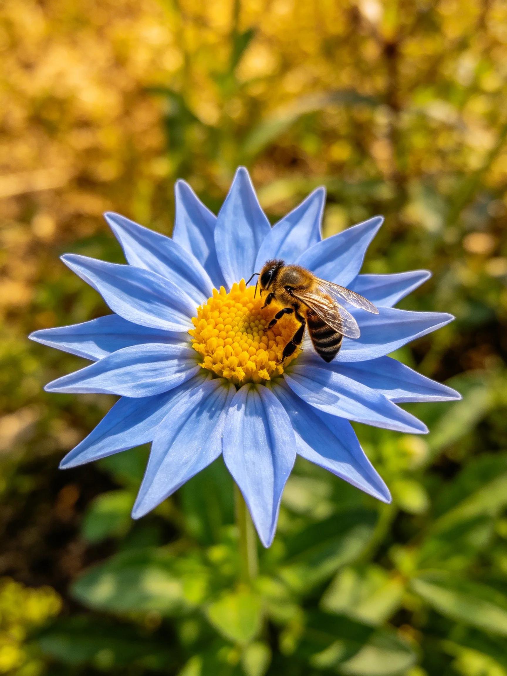 A vibrant blue flower with a yellow center and a honeybee