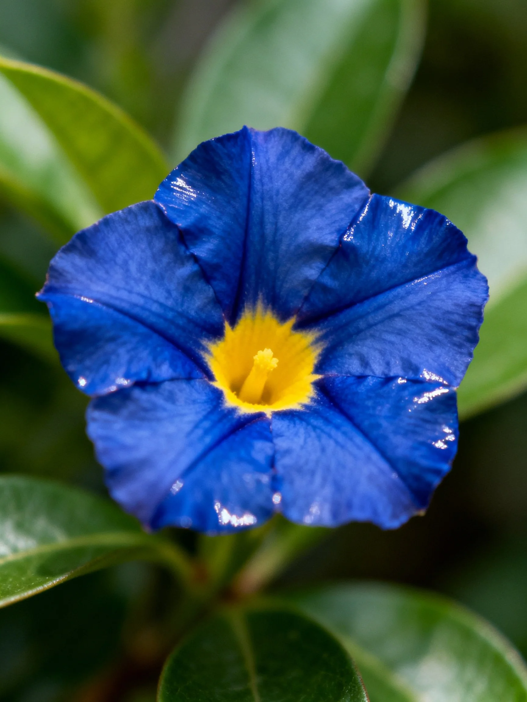 A vibrant blue flower with a yellow center and glossy green leaves
