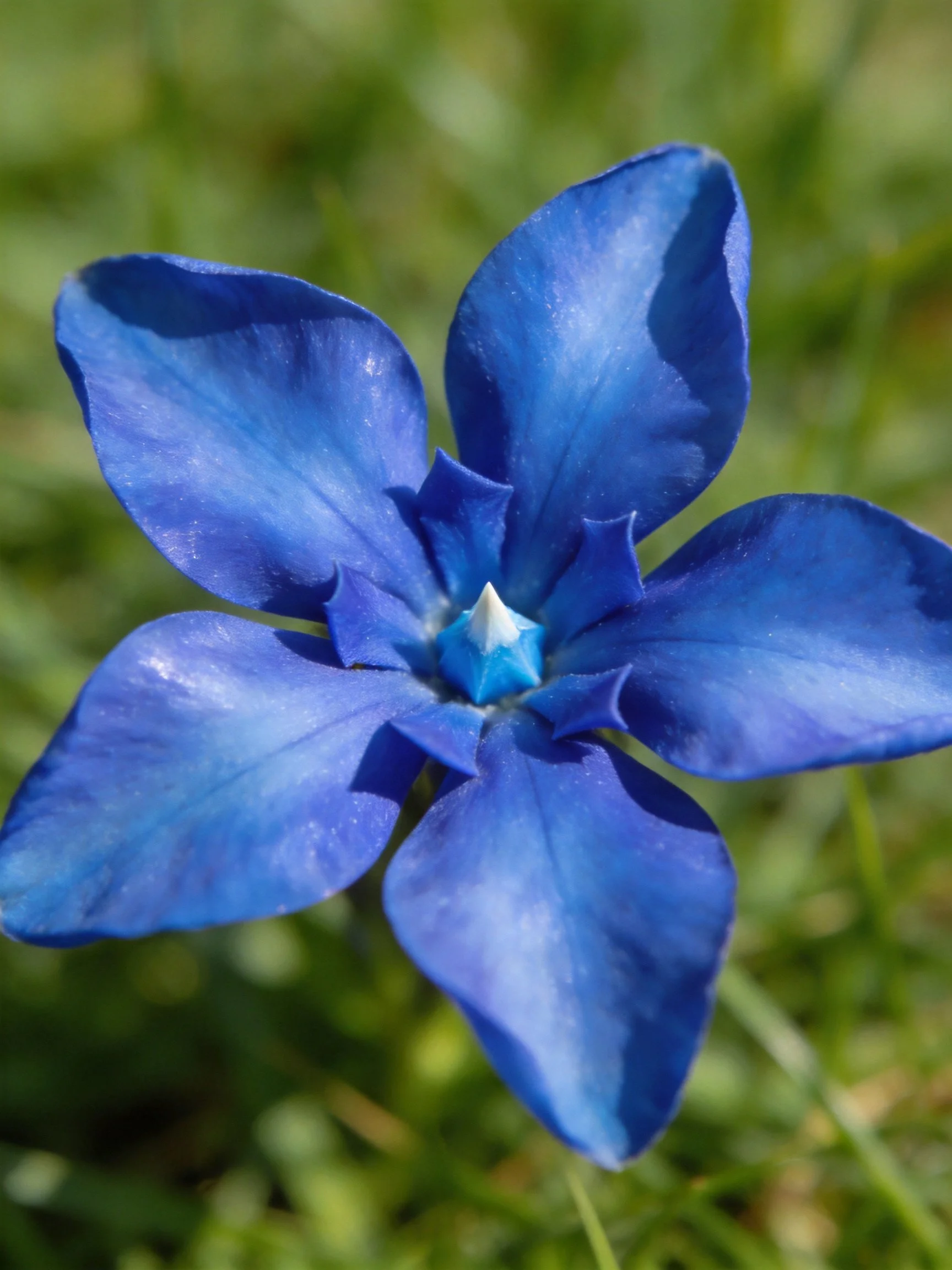 A vibrant blue flower with five petals amidst green foliage
