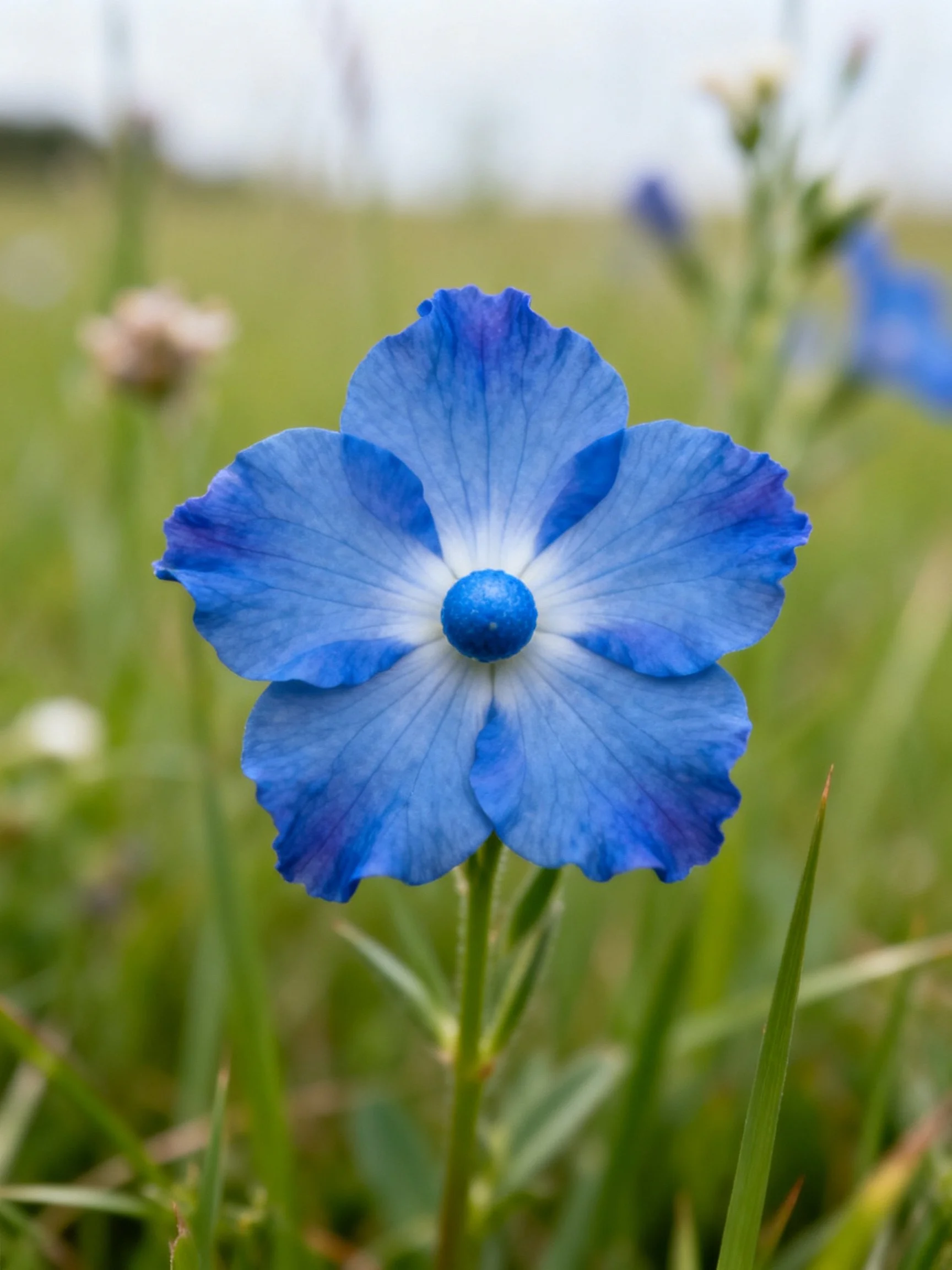 A vibrant blue flower with five petals in a grassy meadow