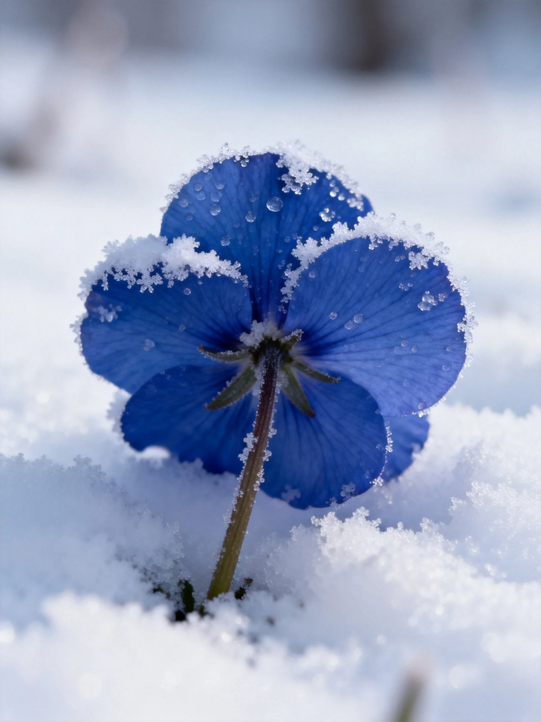 A vibrant blue flower with frost resting in snowy terrain