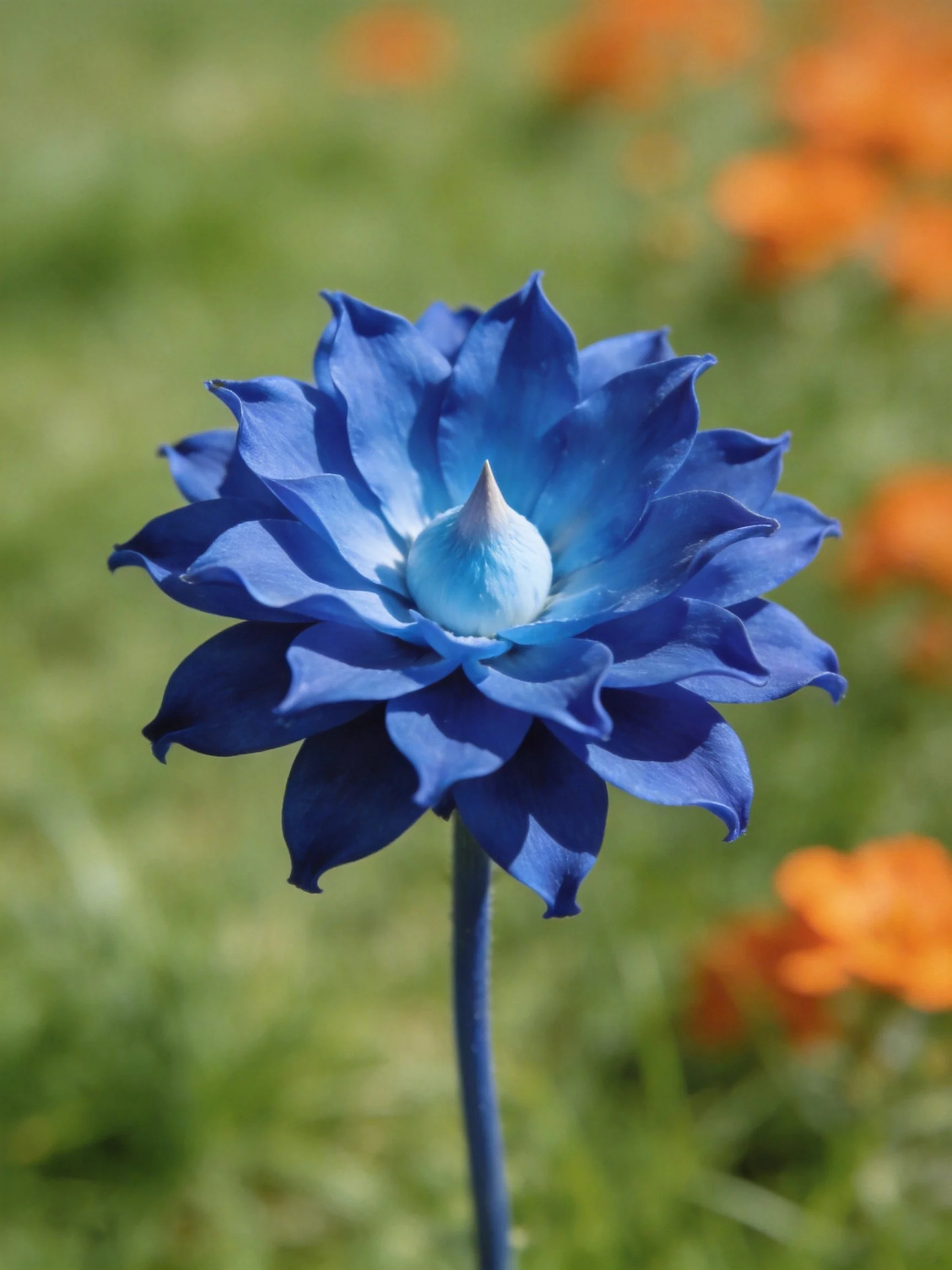 A vibrant blue flower with layered petals against a blurred green-orange background