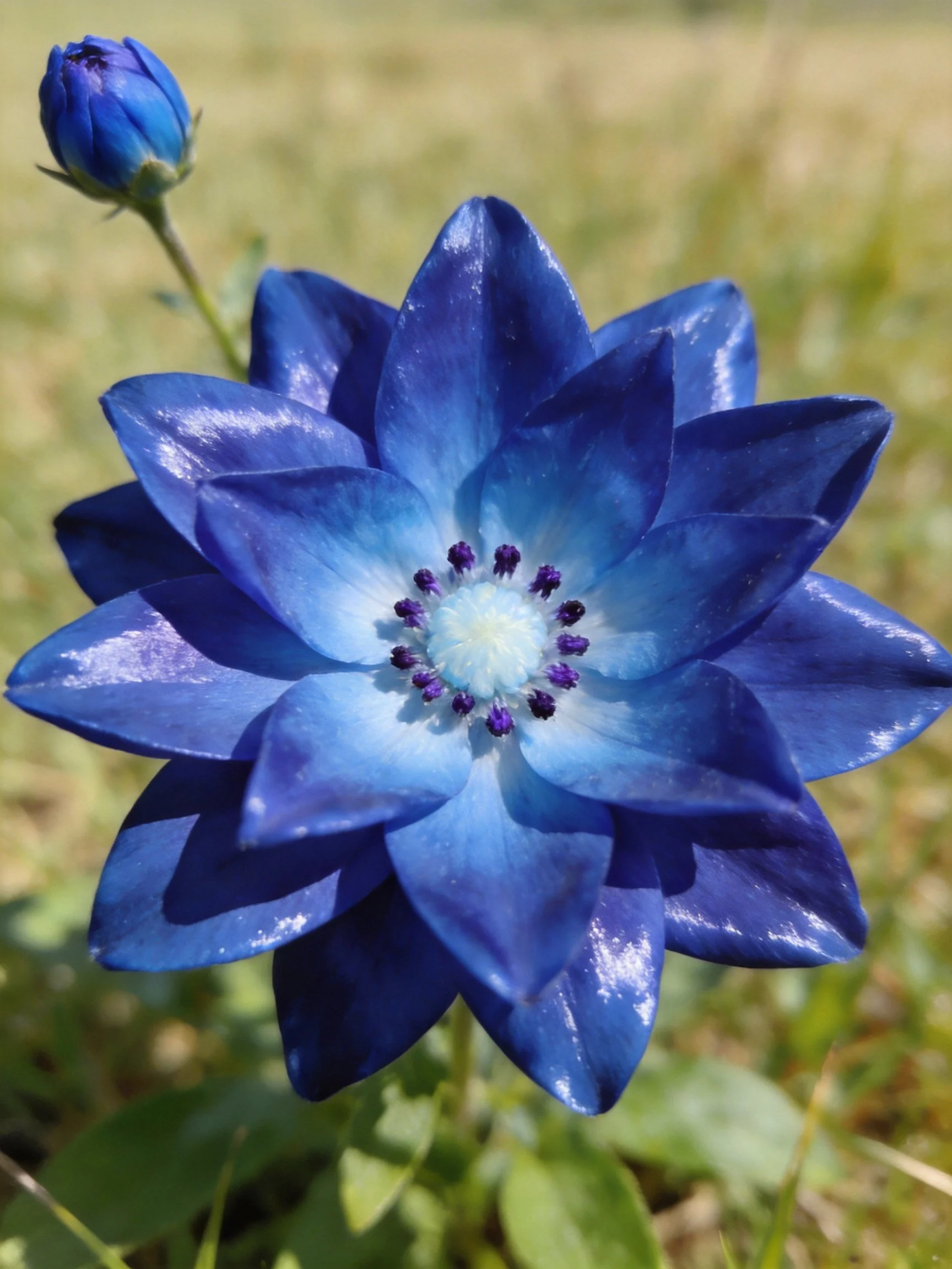 A vibrant blue flower with layered petals and a budding companion