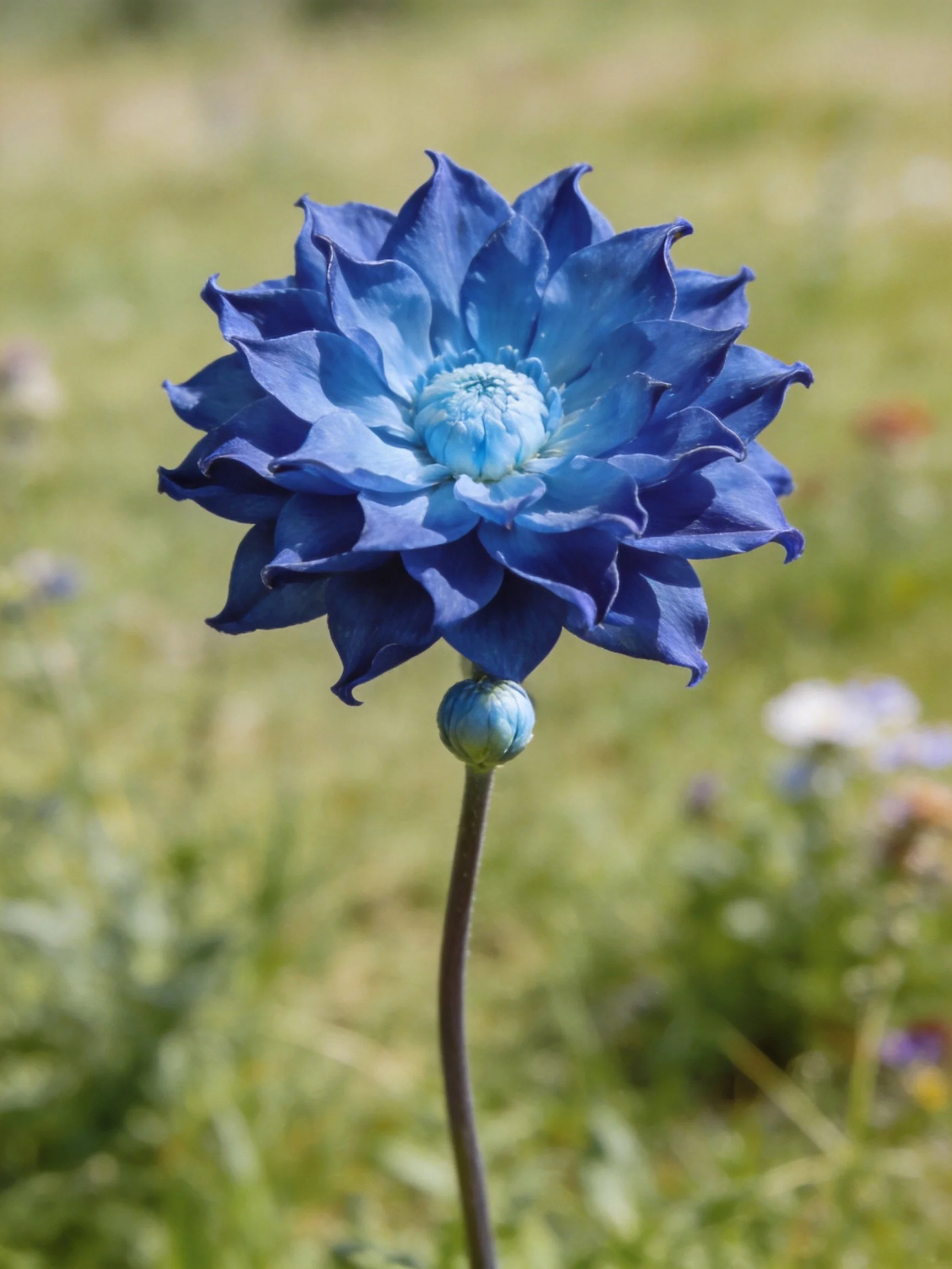 A vibrant blue flower with layered petals and a budding stem