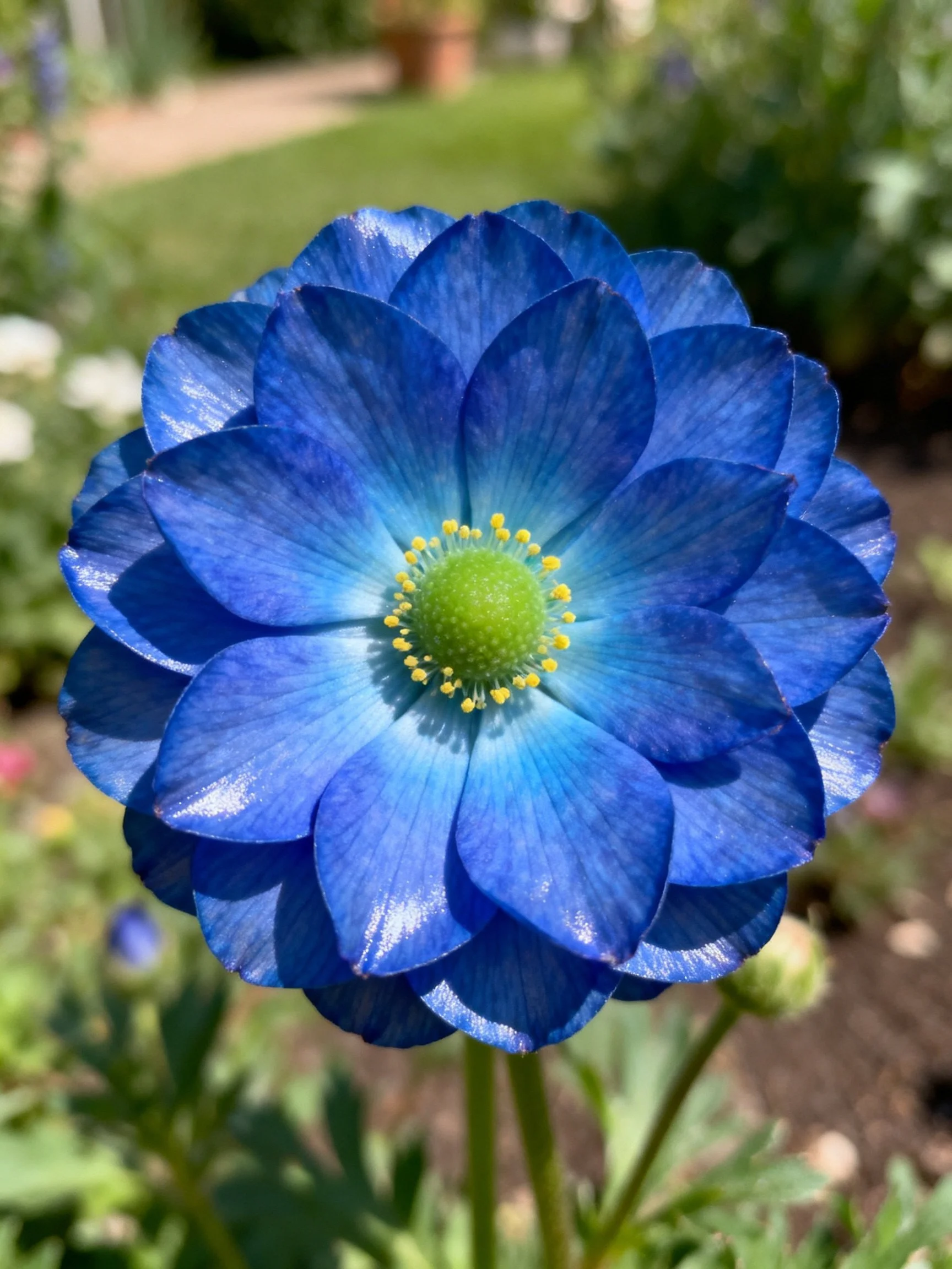 A vibrant blue flower with layered petals and a green center