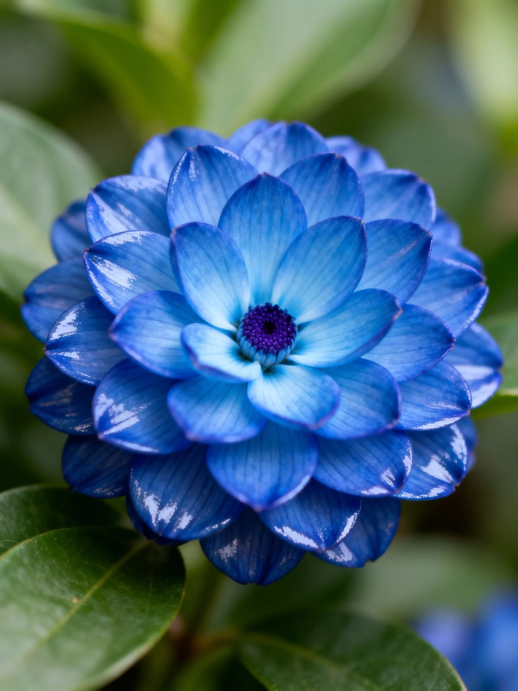 A vibrant blue flower with layered petals and a purple center