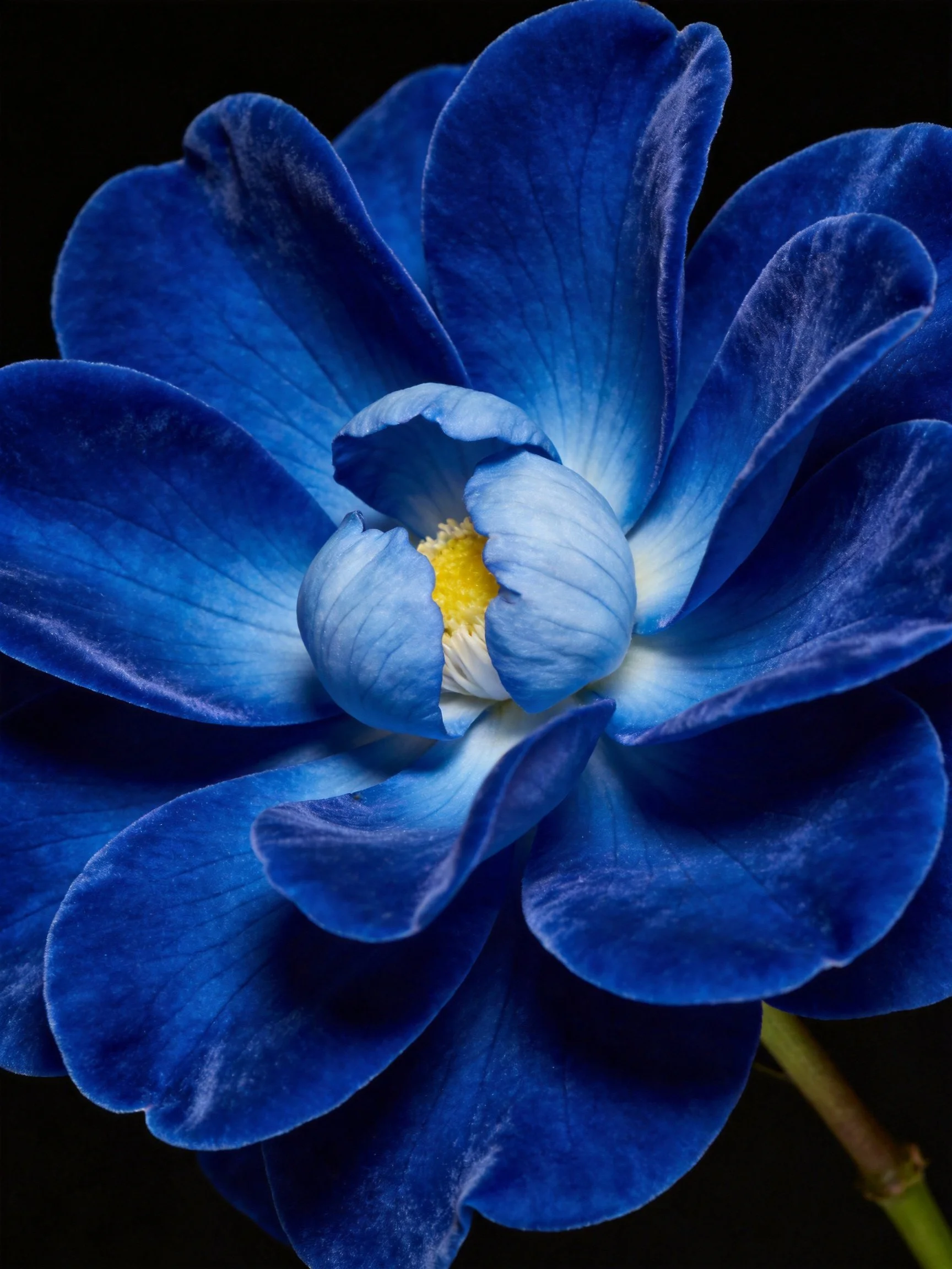 Close-up view of a blue flower with a yellow center against a dark background.