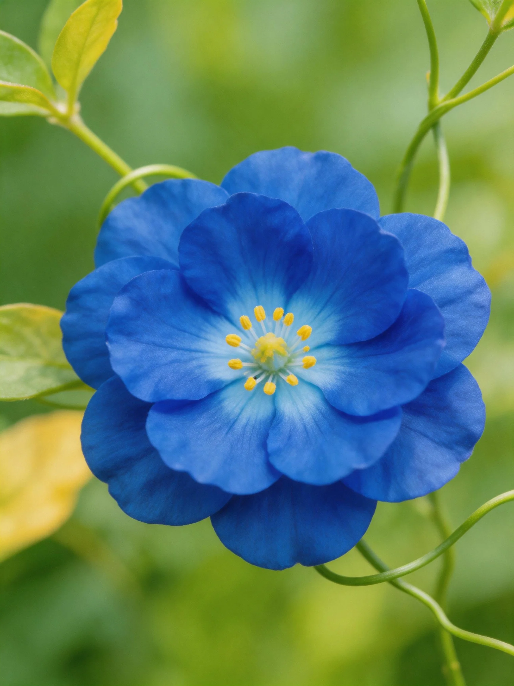 A vibrant blue flower with layered petals and yellow center