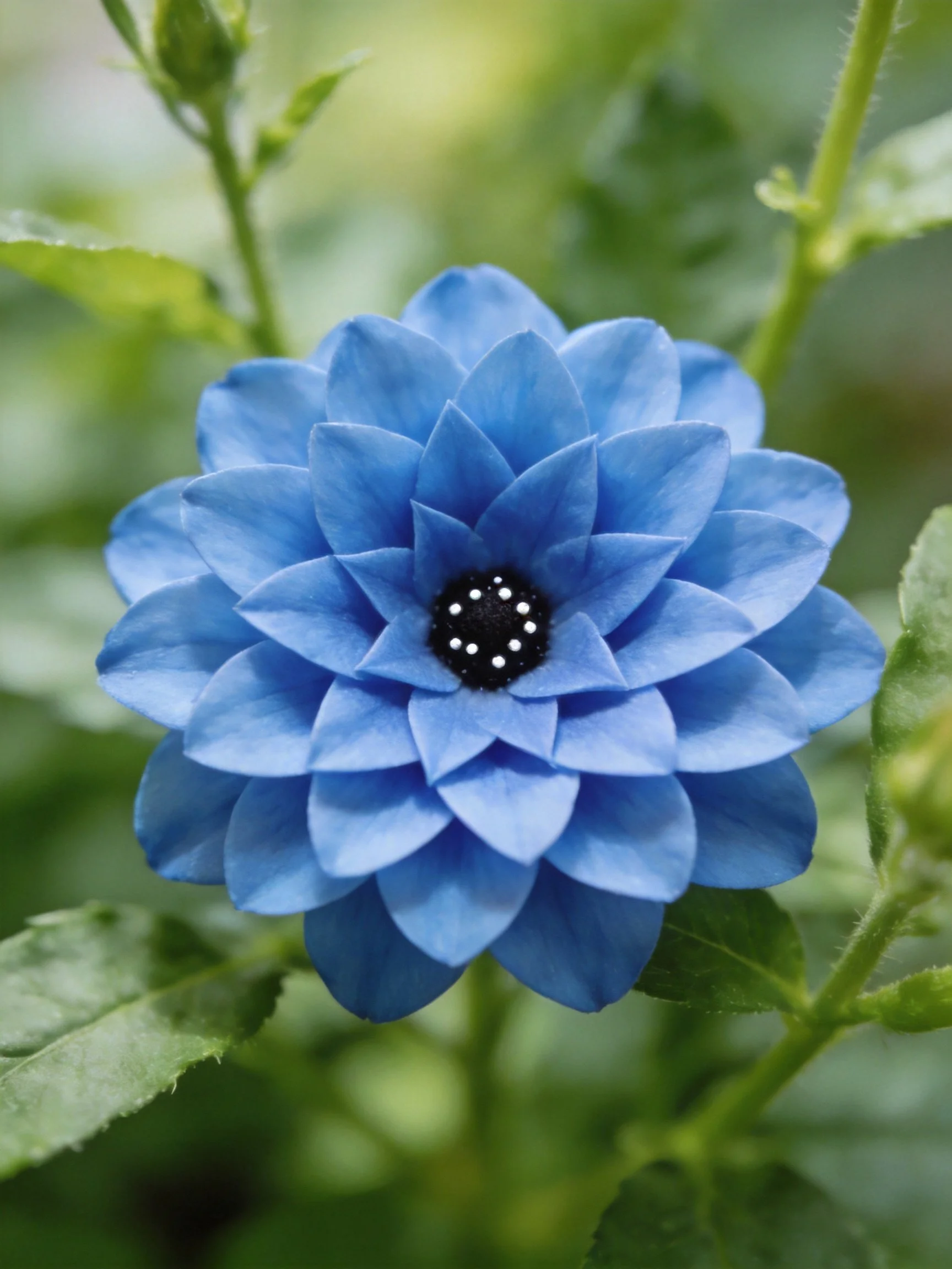 A vibrant blue flower with layered petals, surrounded by green foliage