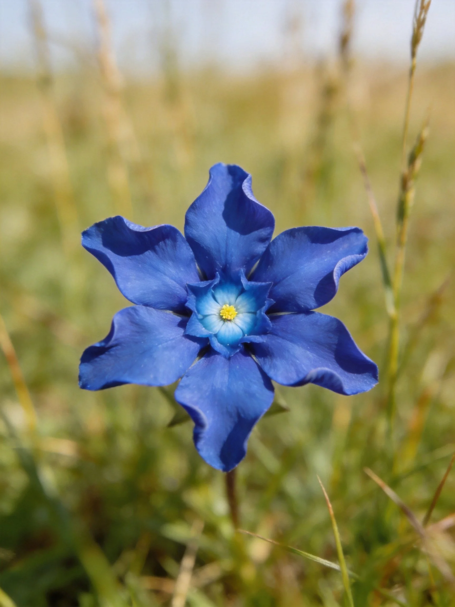 A close - up of a vibrant blue flower with a yellow center amid grassy surroundings.