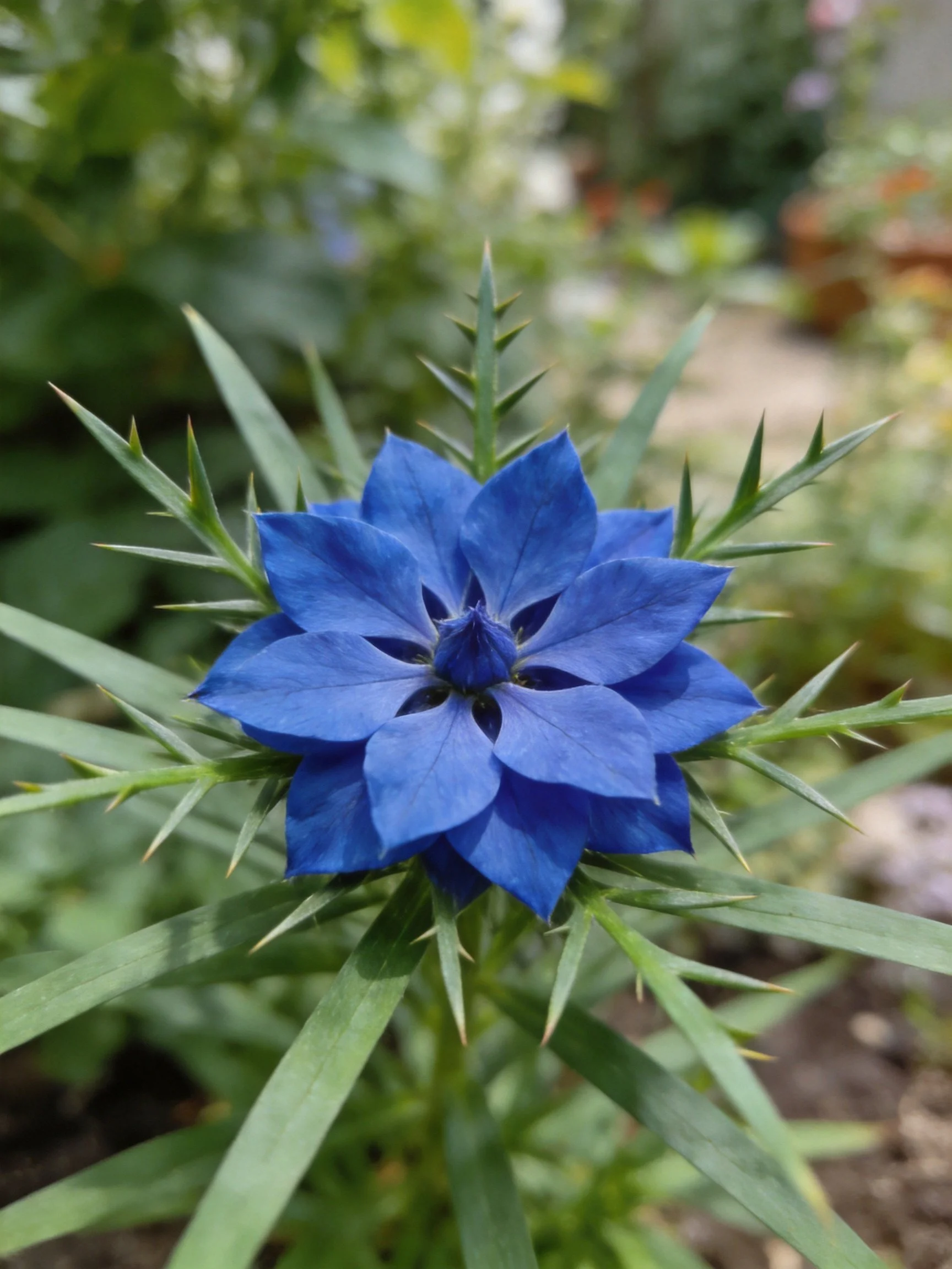 A vibrant blue flower with spiky green foliage