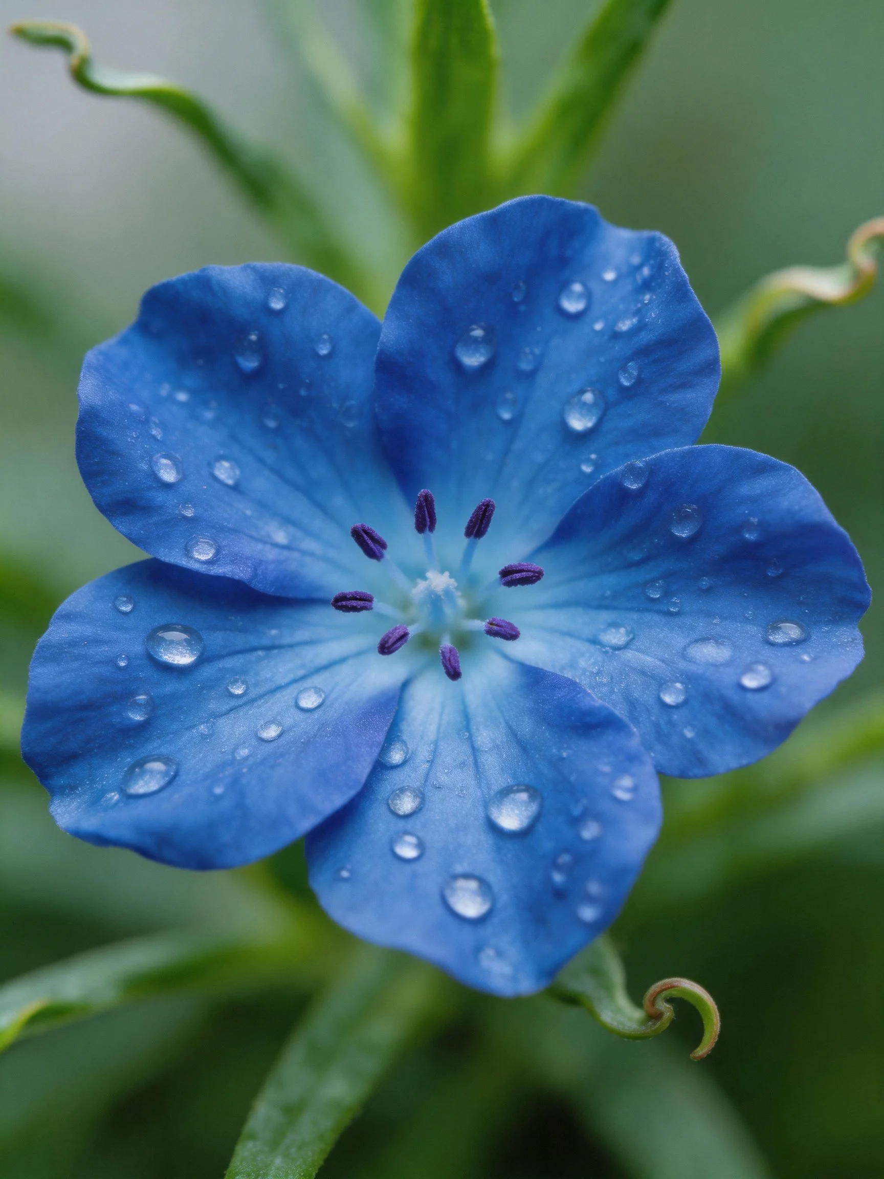 A vibrant blue flower with water droplets, surrounded by green foliage.