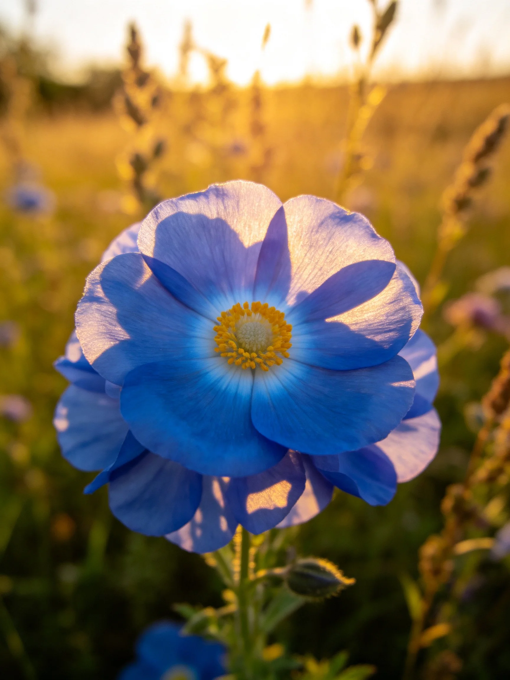 A vibrant blue flower with yellow center amidst golden meadow