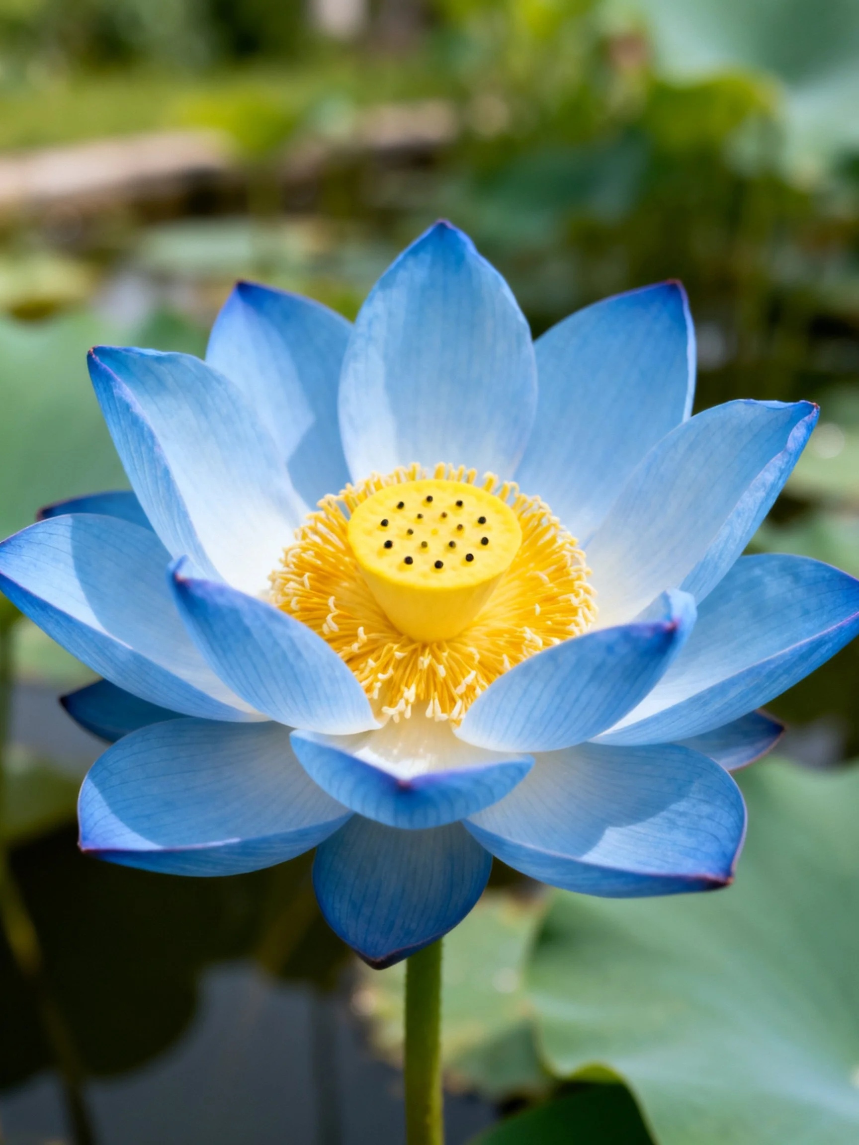 A vibrant blue lotus flower with bright yellow center