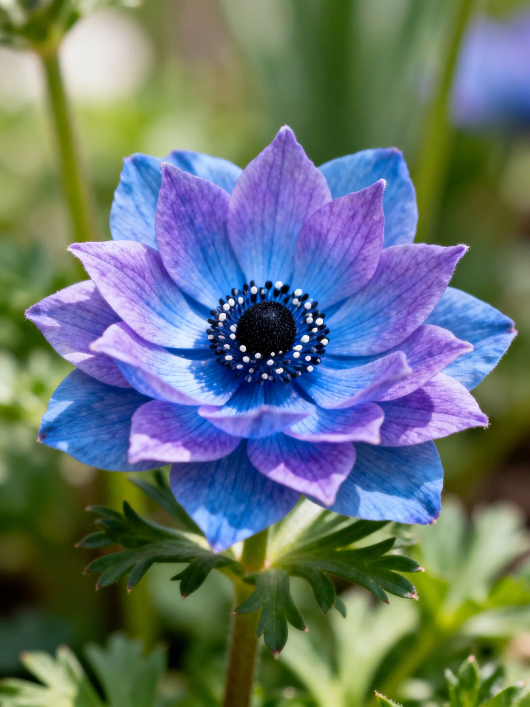 A vibrant blue-purple anemone with layered petals and a dark central core