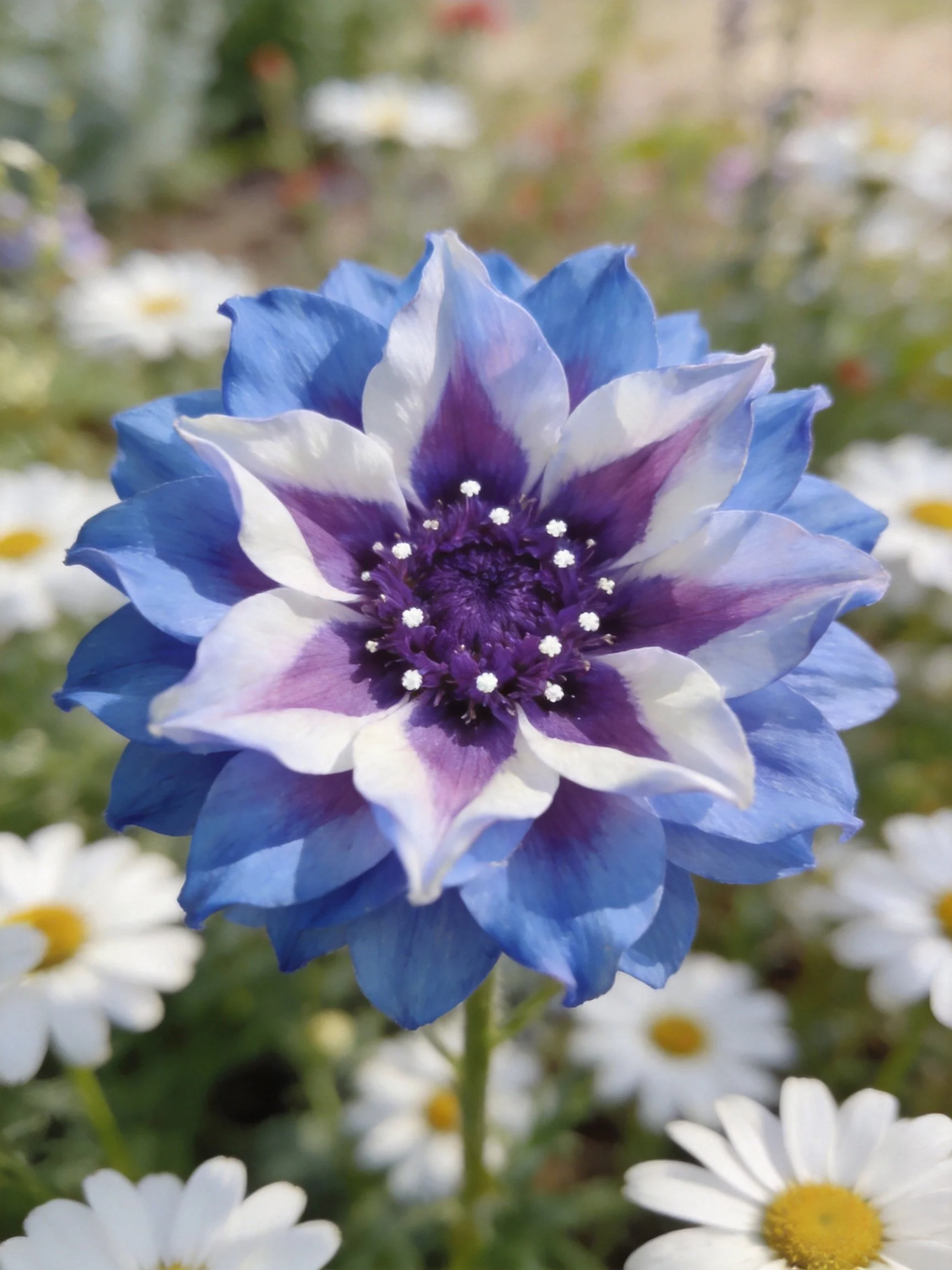 A vibrant blue-purple flower with layered petals among small white daisies