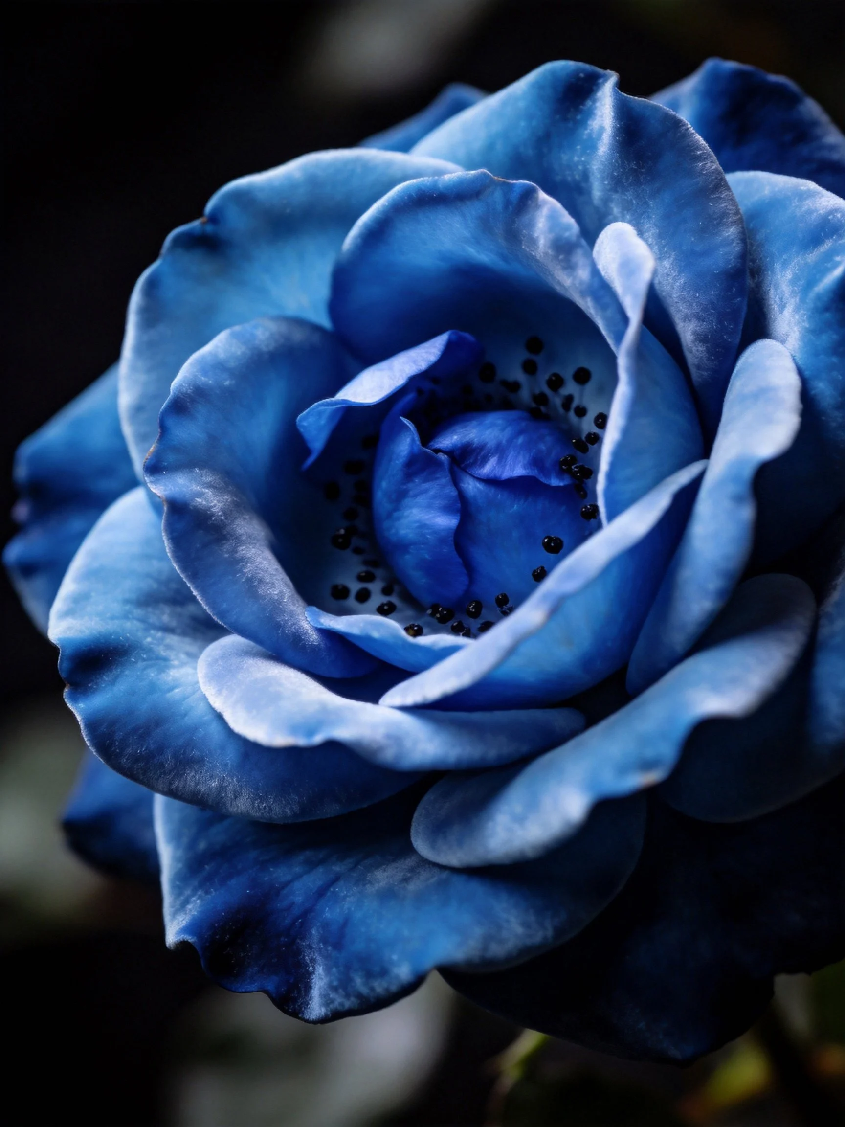 A vibrant blue rose with layered petals against a dark backdrop