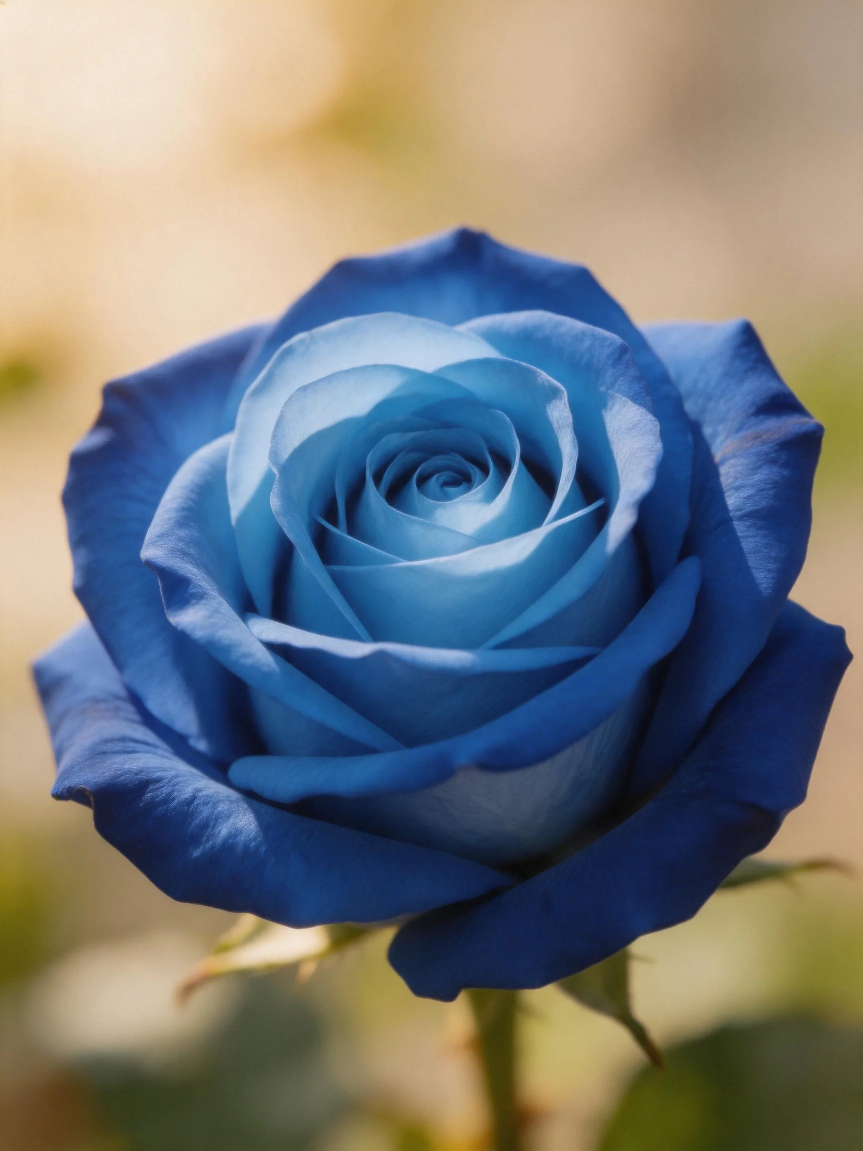 A vibrant blue rose with layered petals and soft bokeh background