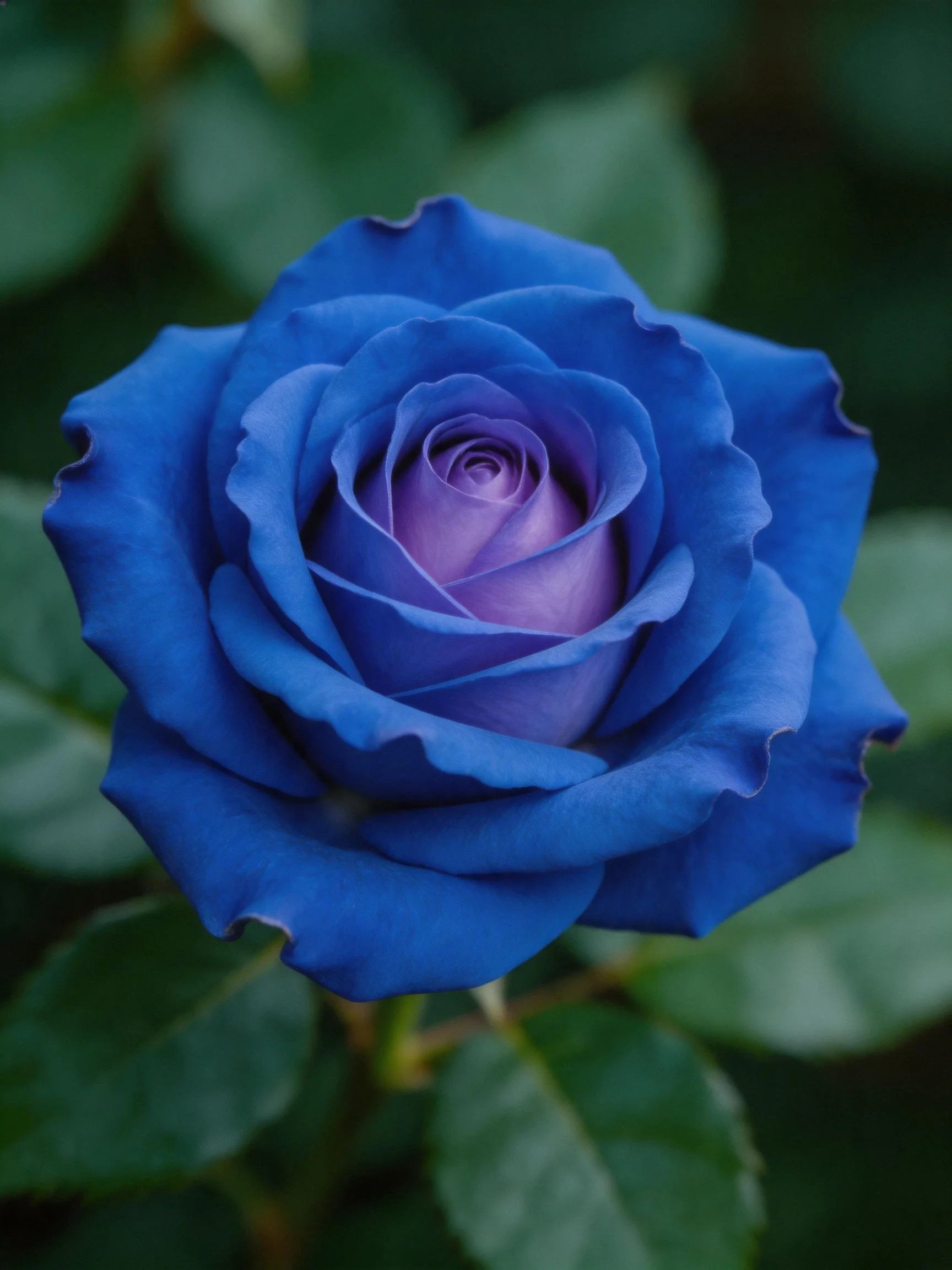 A vibrant blue rose with purple center and green foliage