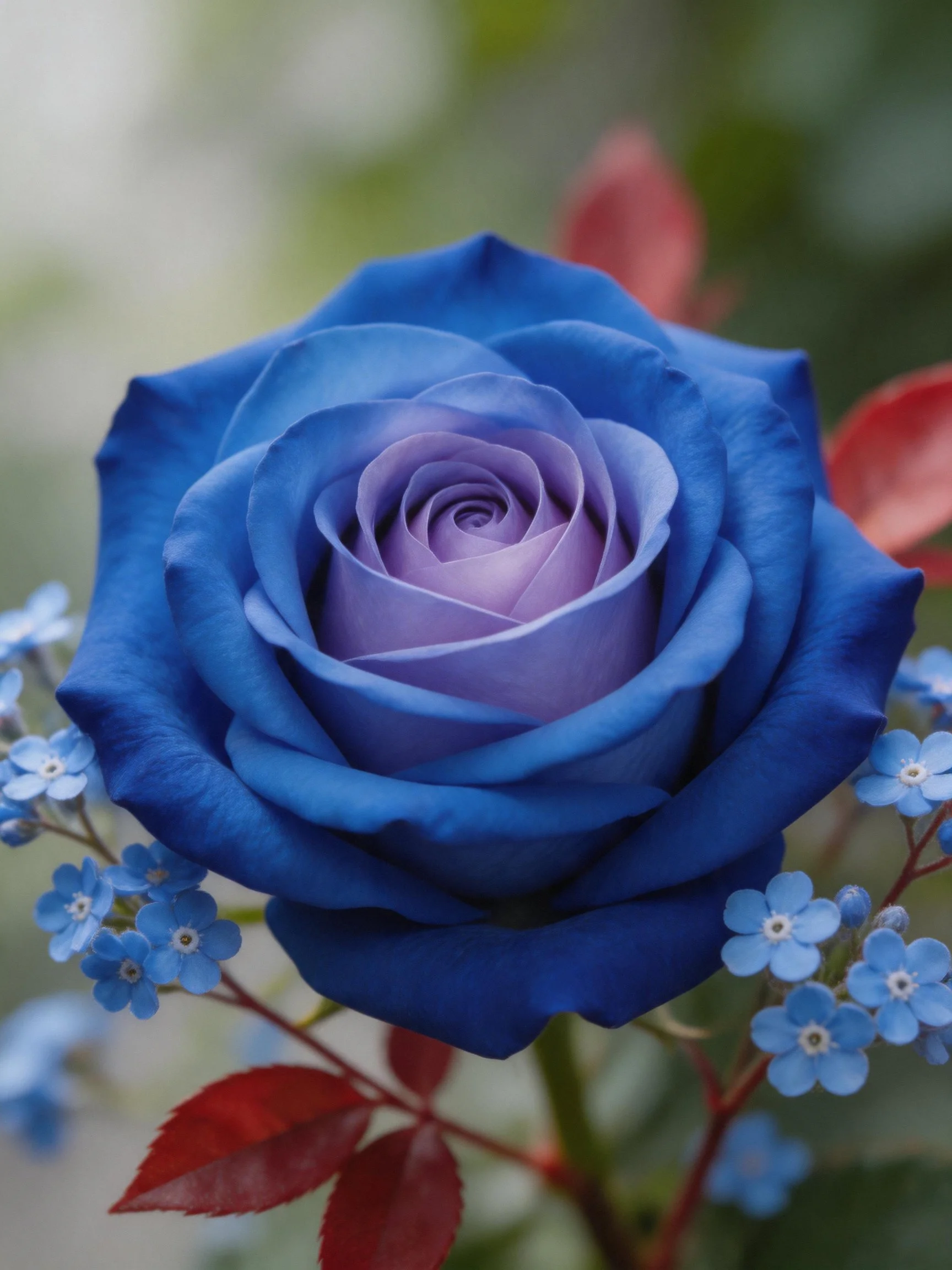 A vibrant blue rose with purple center, red foliage, and small blue flowers