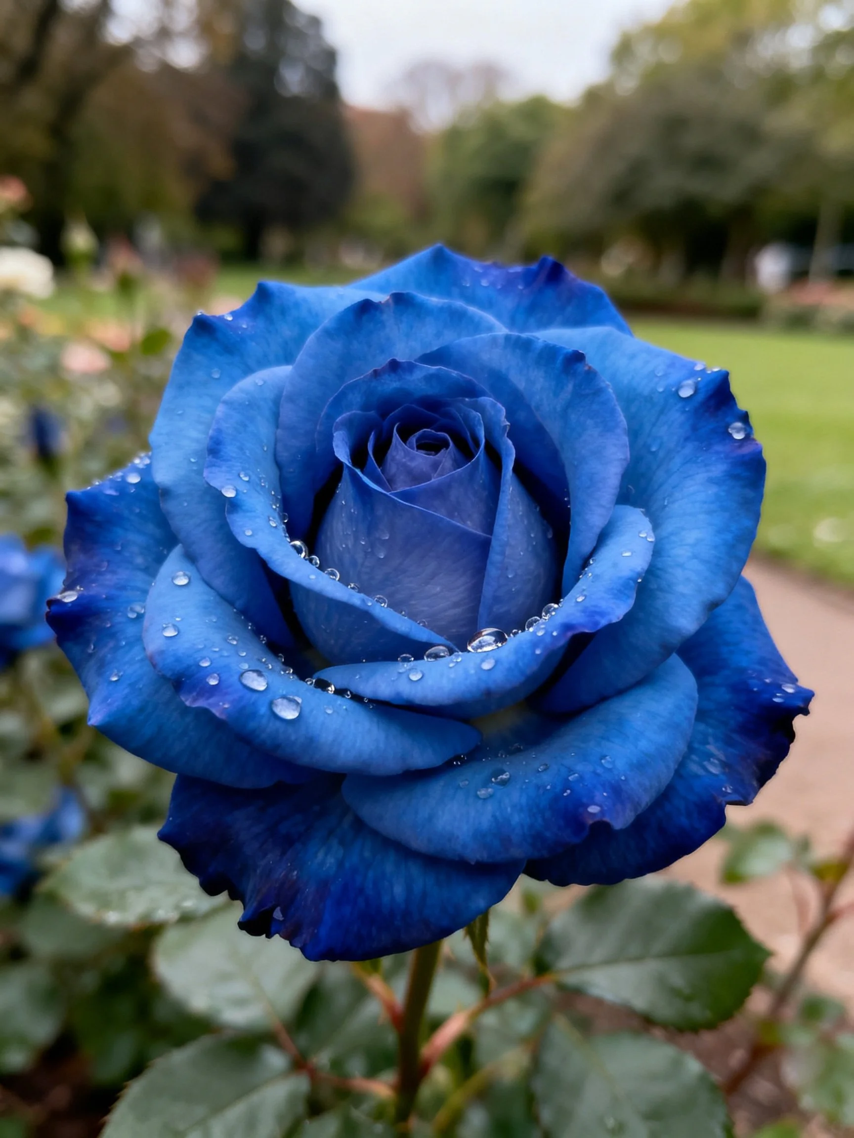 A vibrant blue rose with water droplets in a garden