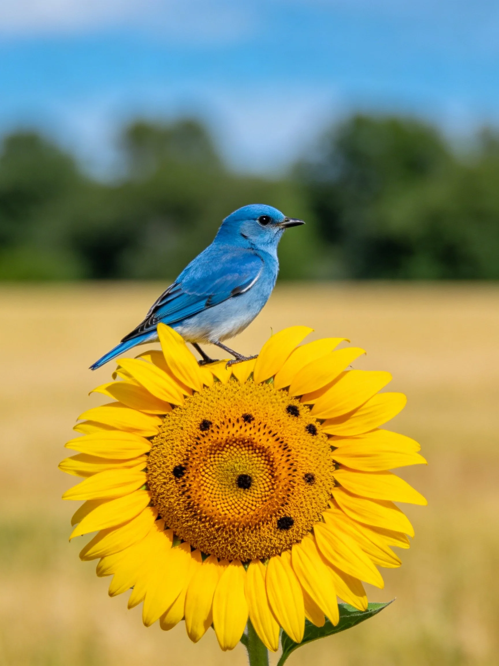 A vibrant bluebird perched atop a bright yellow sunflower